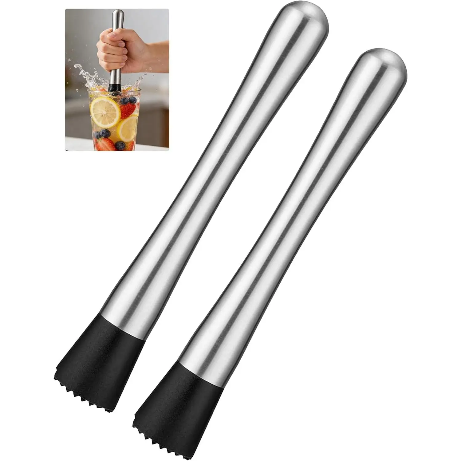 2 Pack Cocktail for Muddlers, 8” Stainless Steel Bar Muddlers | Fruit Smasher for Drinks & Cocktails, Lemon Smasher & Fruit Muddler for Mojito Kit, Silver