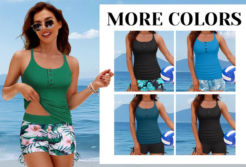 Daci Tankini Swimsuits for Women - Two Piece Tummy Control Swimsuits Ribbed Tankini Top with Shorts Button Bathing Suits