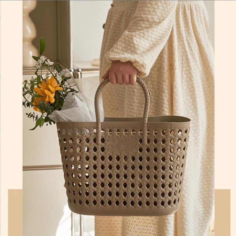 1 portable picnic basket/camping basket/home shopping basket/bathroom toiletries storage basket, sand-proof waterproof handbag with drain hole, suitable for travel essentials, outdoor equipment on holiday beach, mesh storage basket.