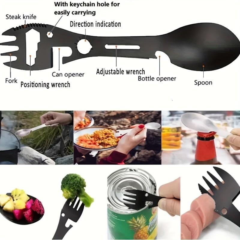 2pcs Stainless Steel Multi-Tool Spoon Set, Includes Bottle Opener, Wrench, Direction Indicator, Ideal for Camping Hiking Backpacking, Camping Kitchenware