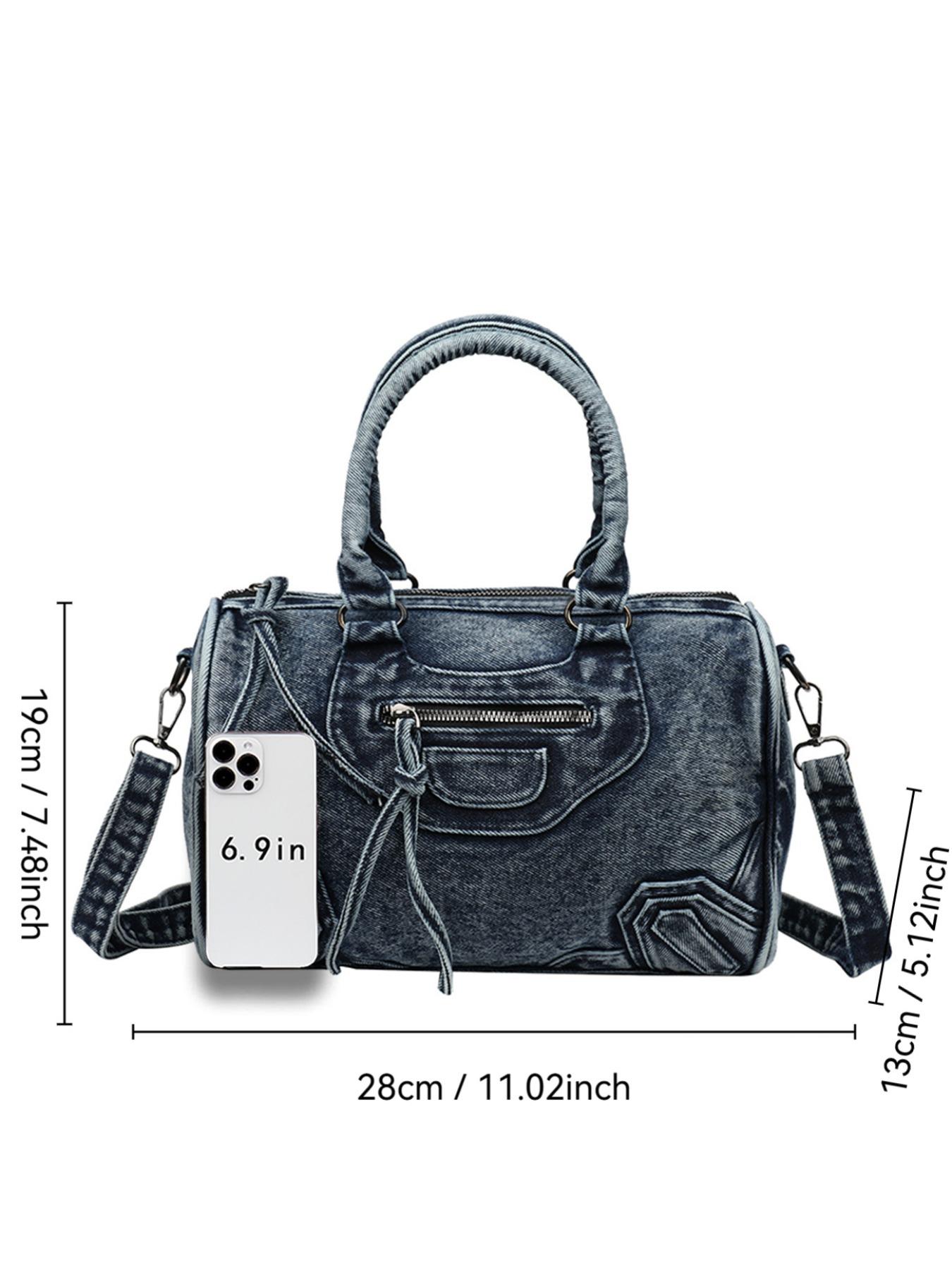 Vintage Denim Motorcycle Bag Large Capacity, Denim Shoulder Purse, Casual Crossbody Shoulder Bag for Women, Trendy Handbag for Work and Vacation