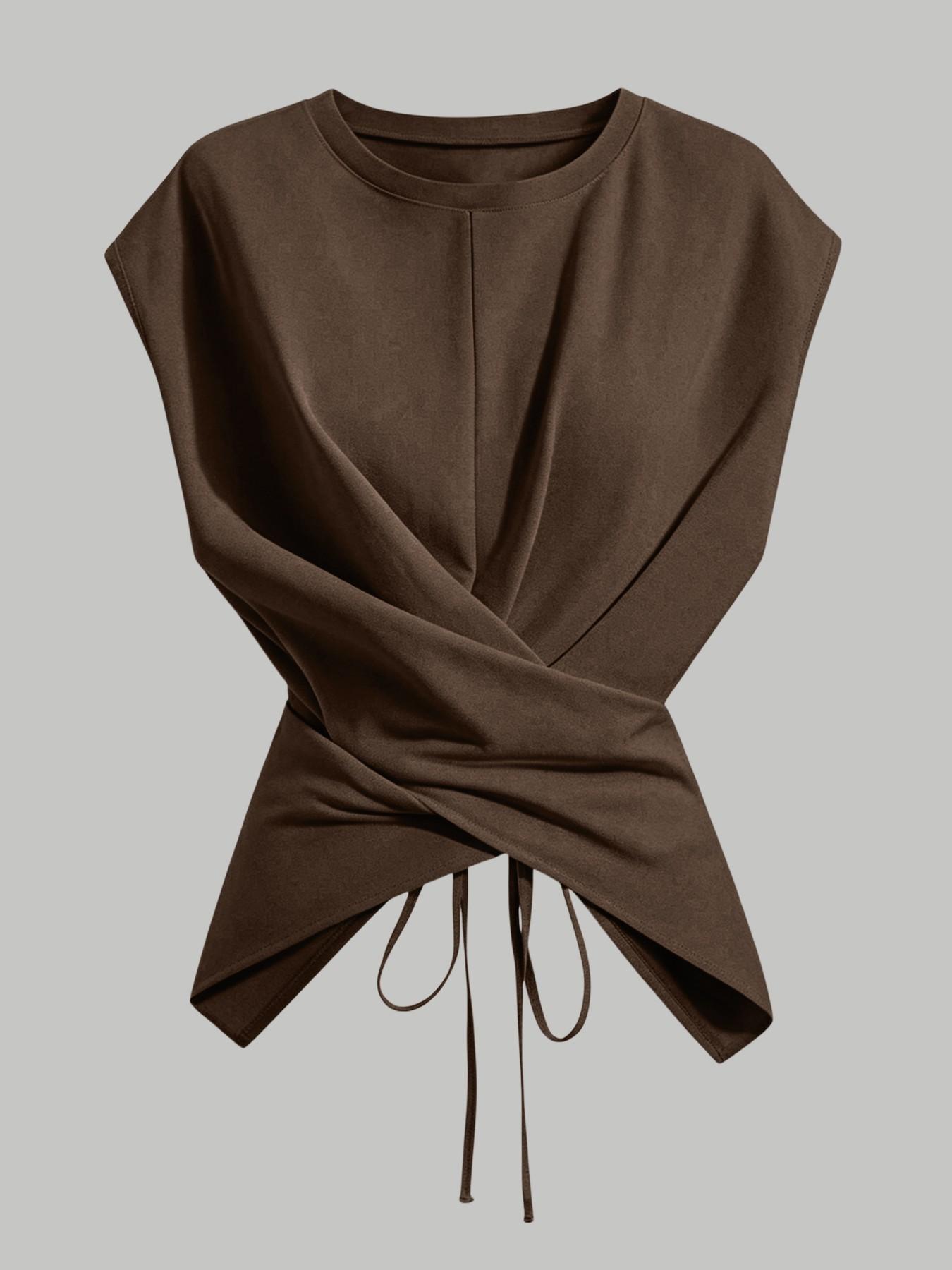 Women's Knitted Round Neck Drop Shoulder Sleeve T-Shirt Fit, Fashion Casual Chic Asymmetrical Criss Cross Back Tie Top, Spring & Fall Wear Women's Knitted Round Neck Drop Shoulder Sleeve T-Shirt Fit, Fashion Casual Chic Asymmetrical Criss Cross Back Tie Top, Spring & Fall Wear
