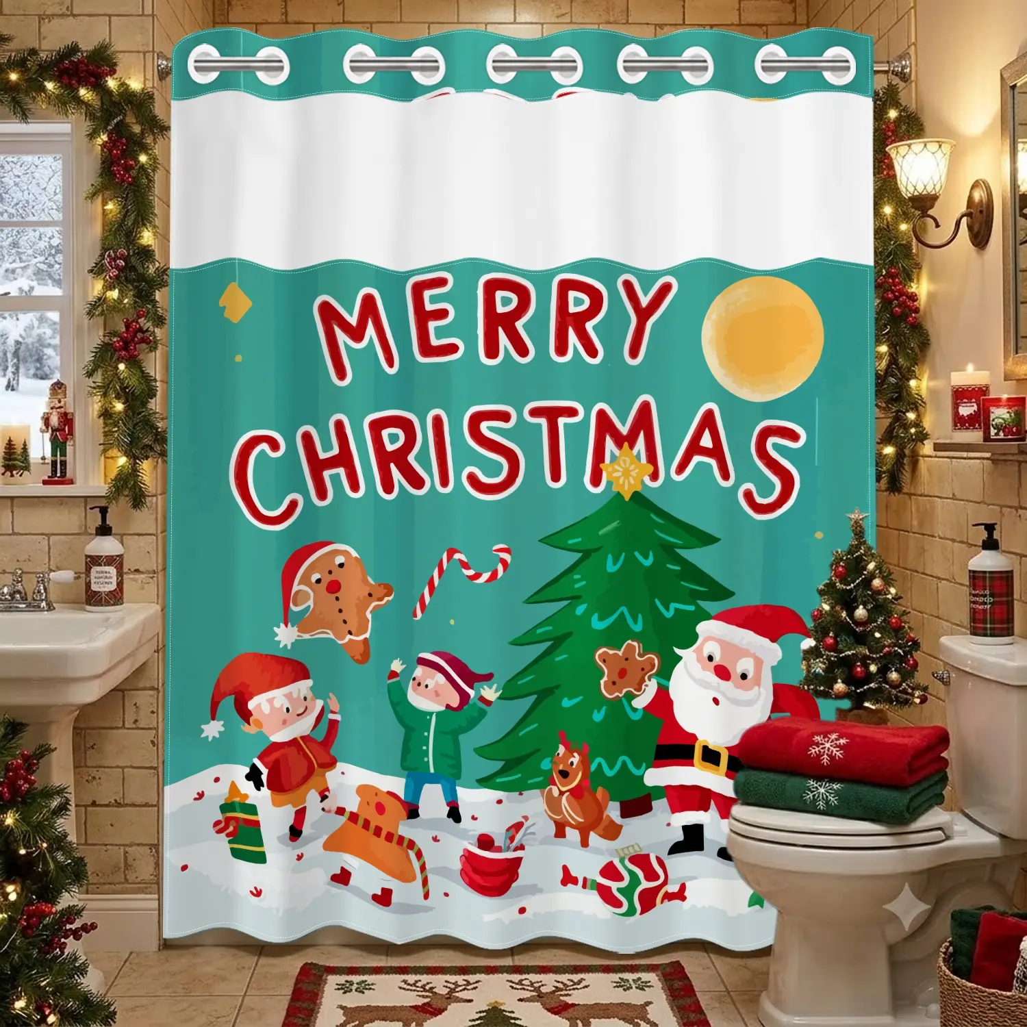 1PC Christmas Decorative Shower Curtain, celebrating Santa Claus and children happily, suitable for bathroom Christmas decoration, Christmas decoration, and perfect Christmas gifts