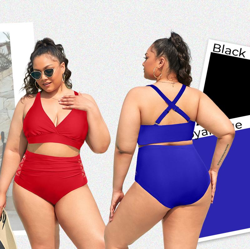 Yonique Women's Two Piece Plus Size Bikini Set, V Neck Top & Full Coverage High Waisted Bikini Bottom, Tummy Control Swimwear for Beach Swimming Holiday Vacation