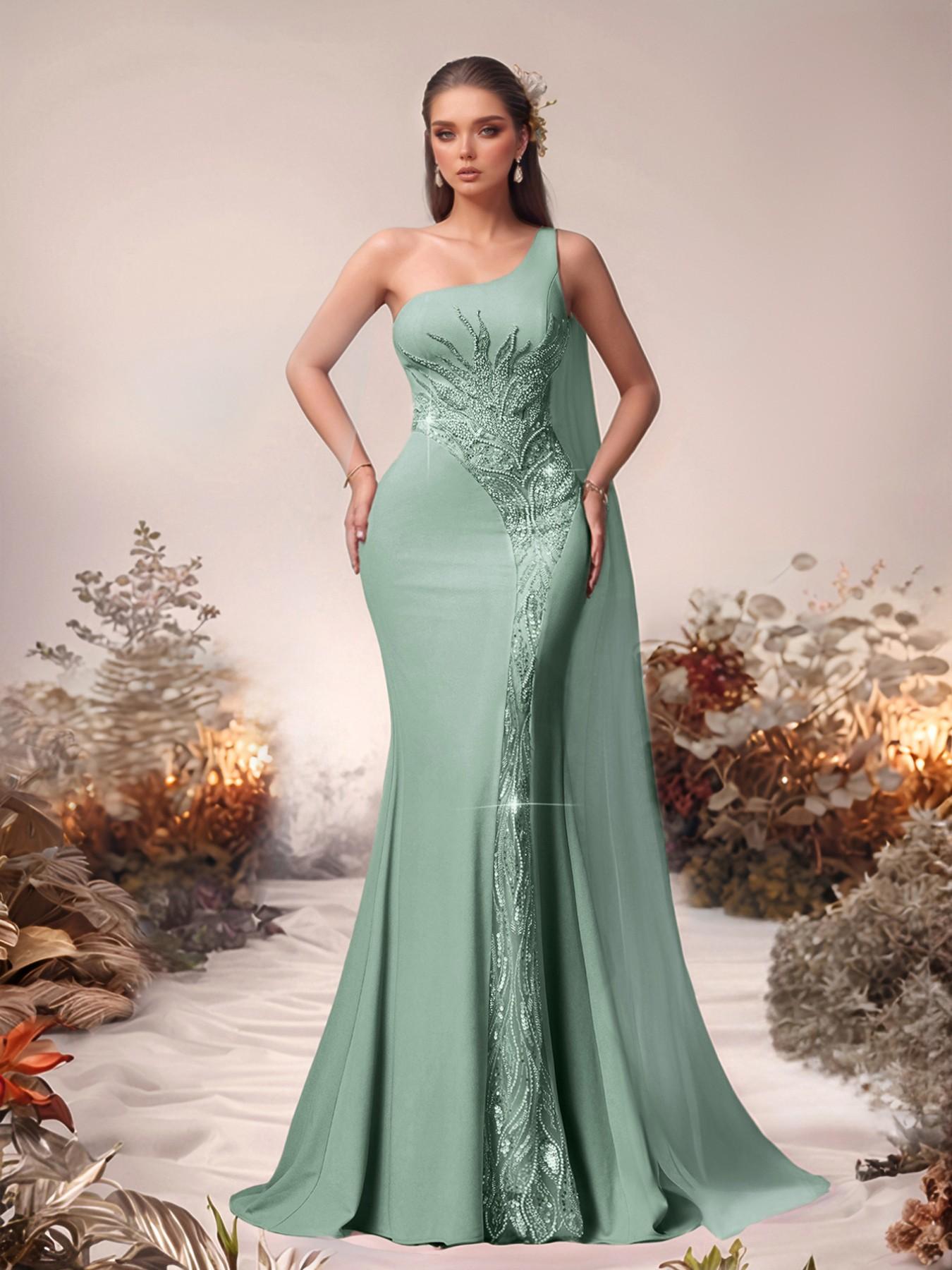 Elegant One-Shoulder Mermaid Dress with Sequins, Formal Evening Gown, Party Dress, Wedding Guest Dress, Slim Fit Long Dress, Evening Party Dresses