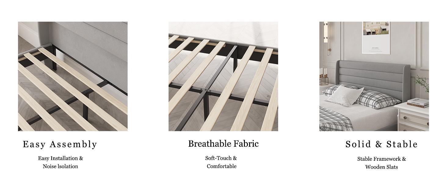 CollaredEagleQueen Bed Frame with Upholstered Headboard, Velvet Platform Bedframe Mattress Foundation, Strong Wood Slat Support, No Box Spring Needed, Easy Assembly, Pale Beige