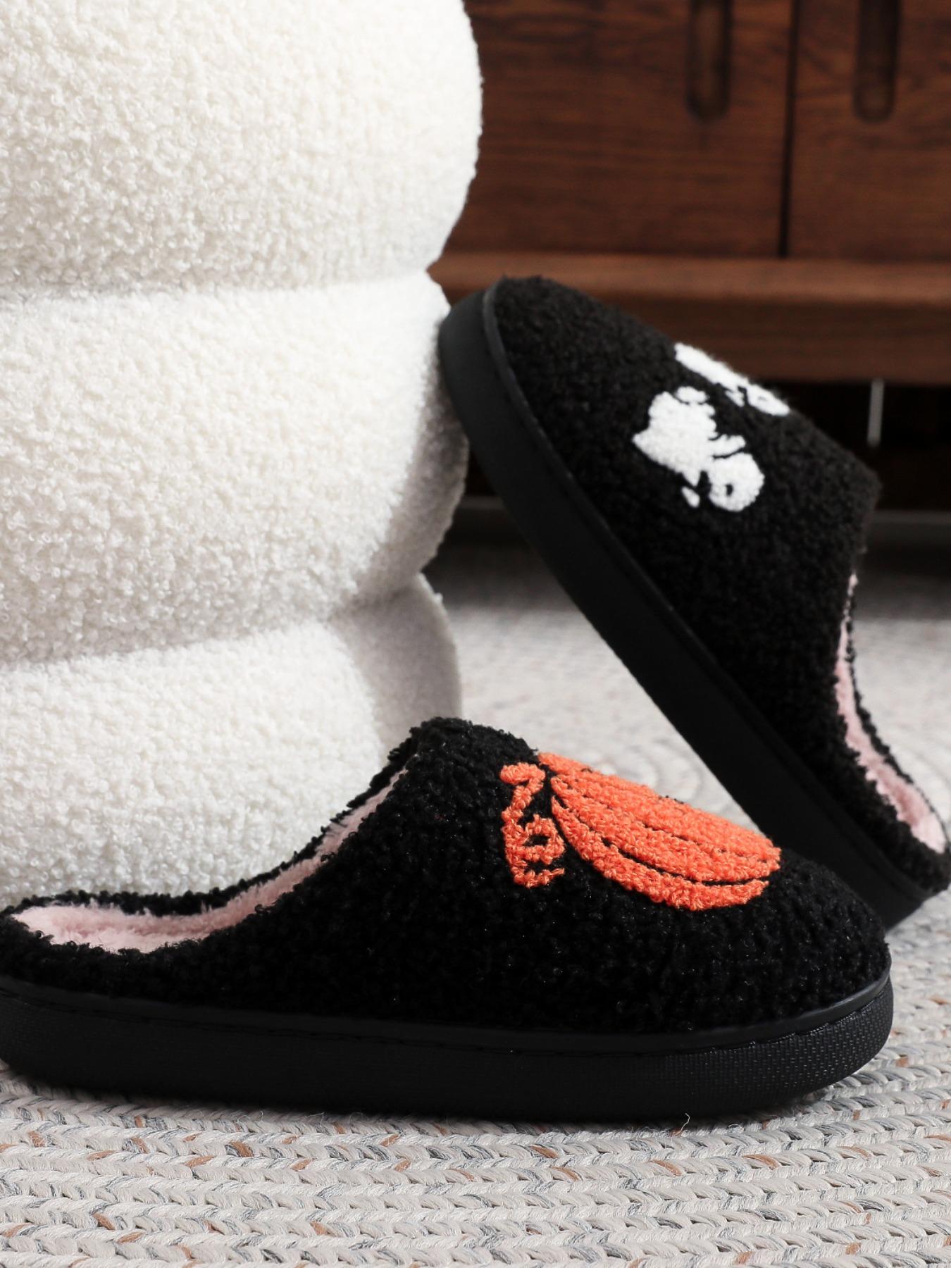Halloween Pumpkin Ghost Embroidered Plush Slippers, Comfortable Indoor Home Shoes for Men & Women, Black