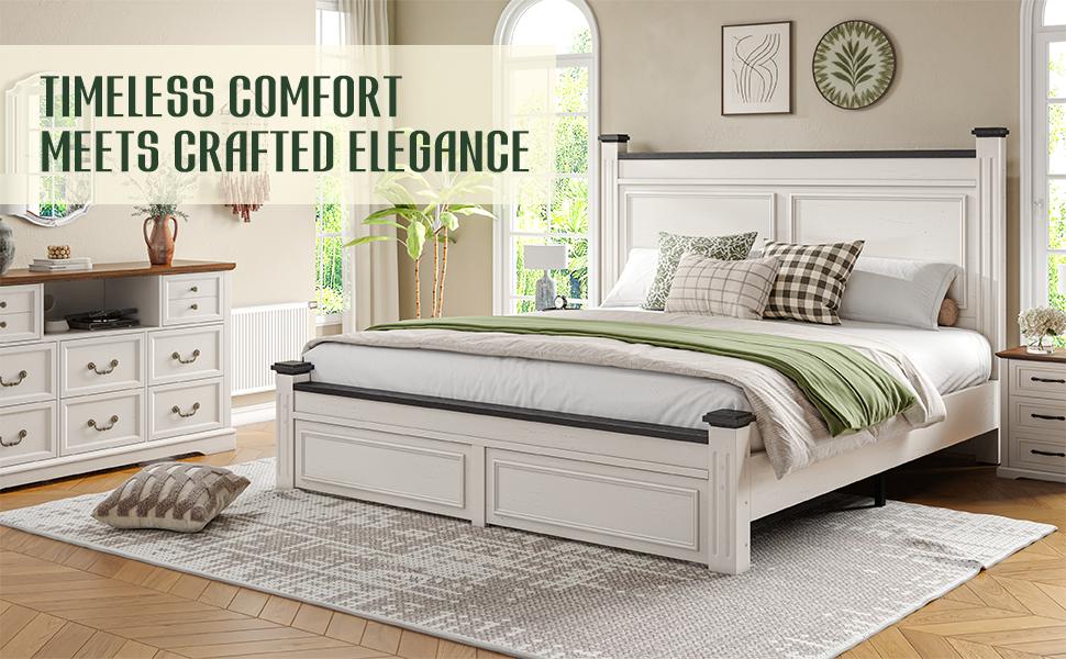 Raybee Wooden Bed Frames for Queen Size, King Bed Frame with 2 Drawers & 51.25" H Tall Headboard,Modern style Solid Wood Bed Frame/Durability& Silent /No Box Spring Required/Easy Assembly/Luxury Bedroom Furniture Design