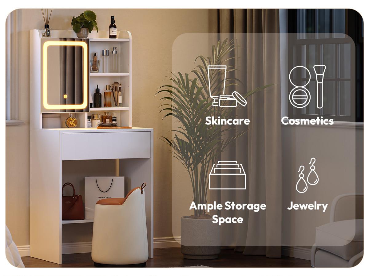 Dowinx Small Vanity Desk with Mirror and Lights, Makeup Vanity with Drawer & Storage Shelves, 3 Lighting Modes Adjustable Brightness, Large Drawer and Mirror Cabinet, Dressing Table for Girls Bedroom