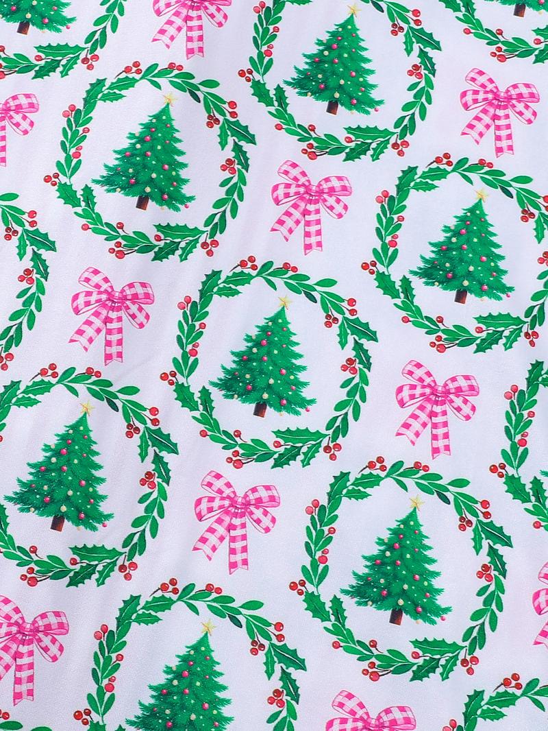 2-piece set full of bow garlands, Christmas tree prints, Christmas long sleeves, long pants, striped cuffs, collar, top, small pockets, elastic waistband, button closure, suitable for all seasons home wear, Loungewear, pajamas