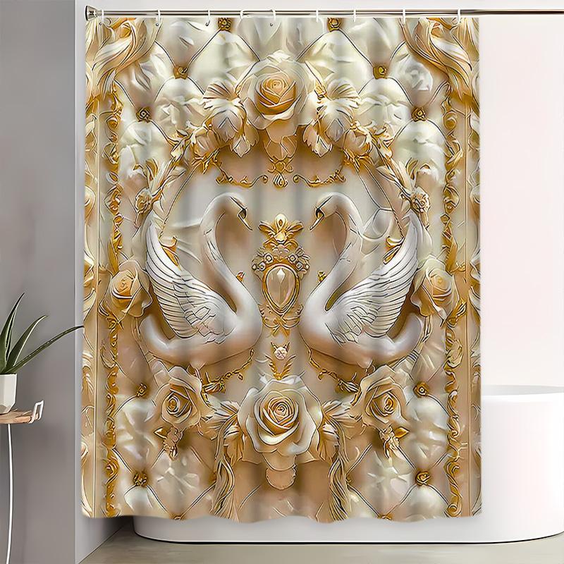 Luxury Bathroom Set, Swan Rose Gold Suite, French Palace Elegance, Bath Curtain Set, Home Bathroom Decor, Includes Mats, Best Gift, Shower, Hook