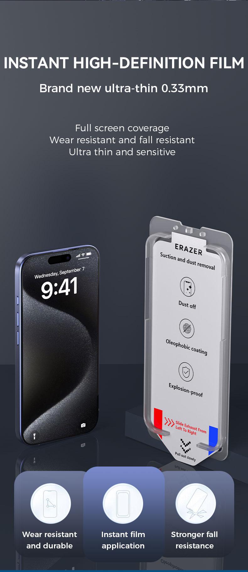 ERAZER for iPhone16Pro max/15/14pro/13 Series Clear/Privacy Protection Phone Film Dust Free Without Bubbles, HD Clear【1 Pack】Phone Screen Protector