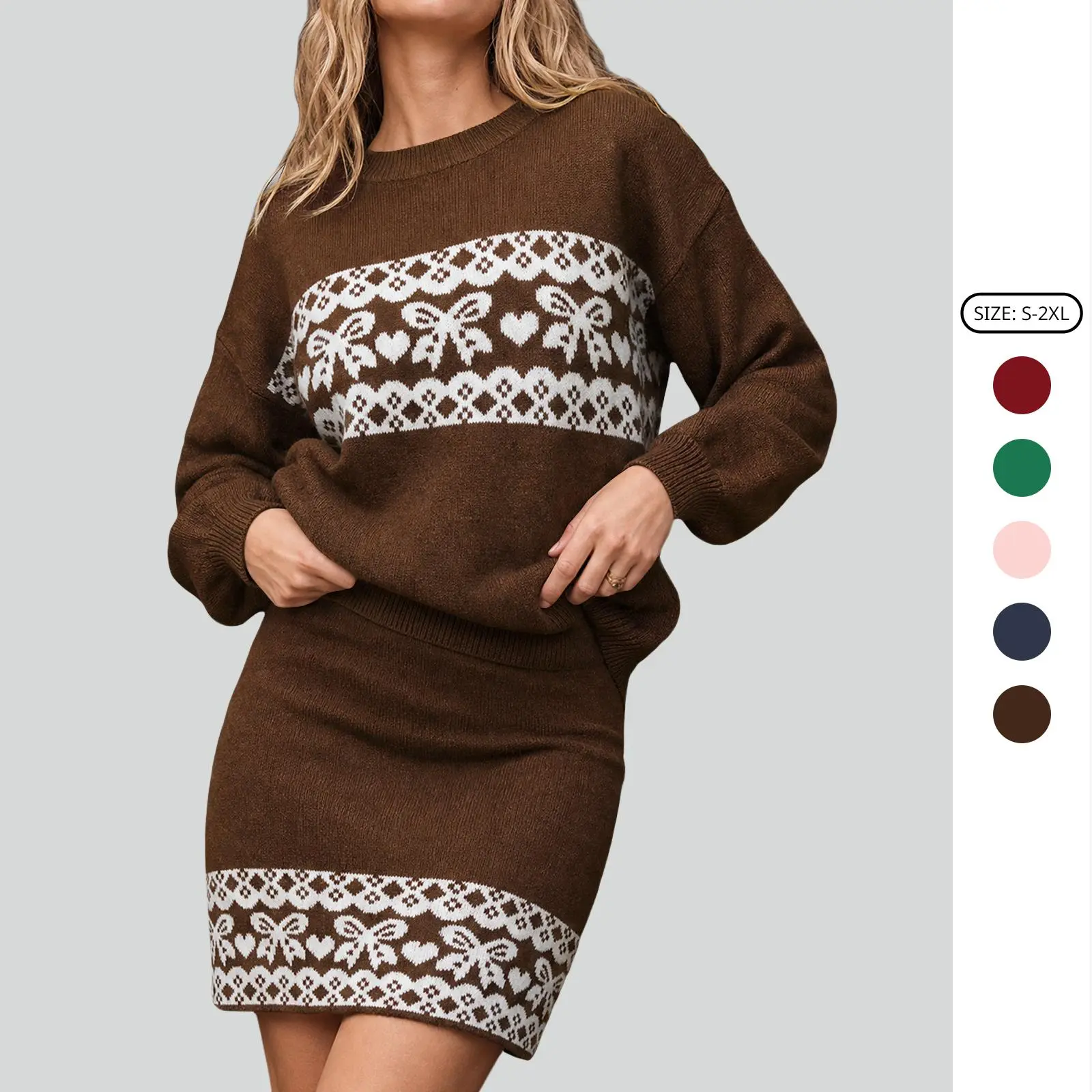 Imily Bela Warm Knit Winter Set - Women's Jacquard Round Neck Sweater & Mini Skirt Two Piece