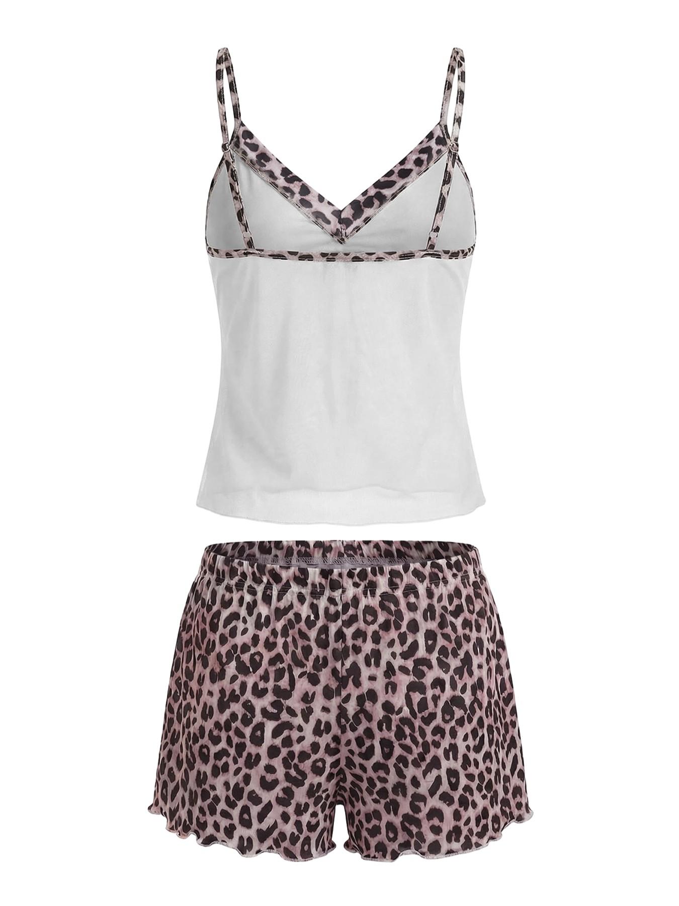 Women's Leopard Trim Cami Pajama Set, V Neck Front Tie Mesh Tank Top, Ruffle Hem Leopard Print Shorts, Soft Loungewear for Home & Daily Wear, Womenswear