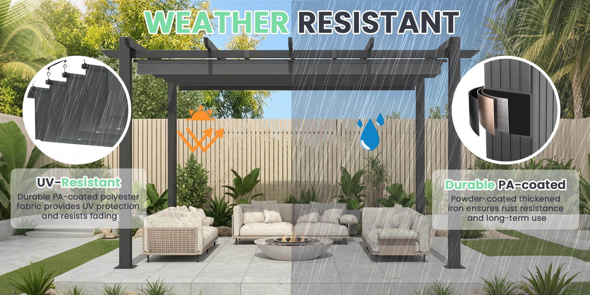 10' x 13' Outdoor Pergola with Retractable Canopy, Heavy-Duty Metal Frame and Adjustable Patio Shade Roof, Gray/Khaki