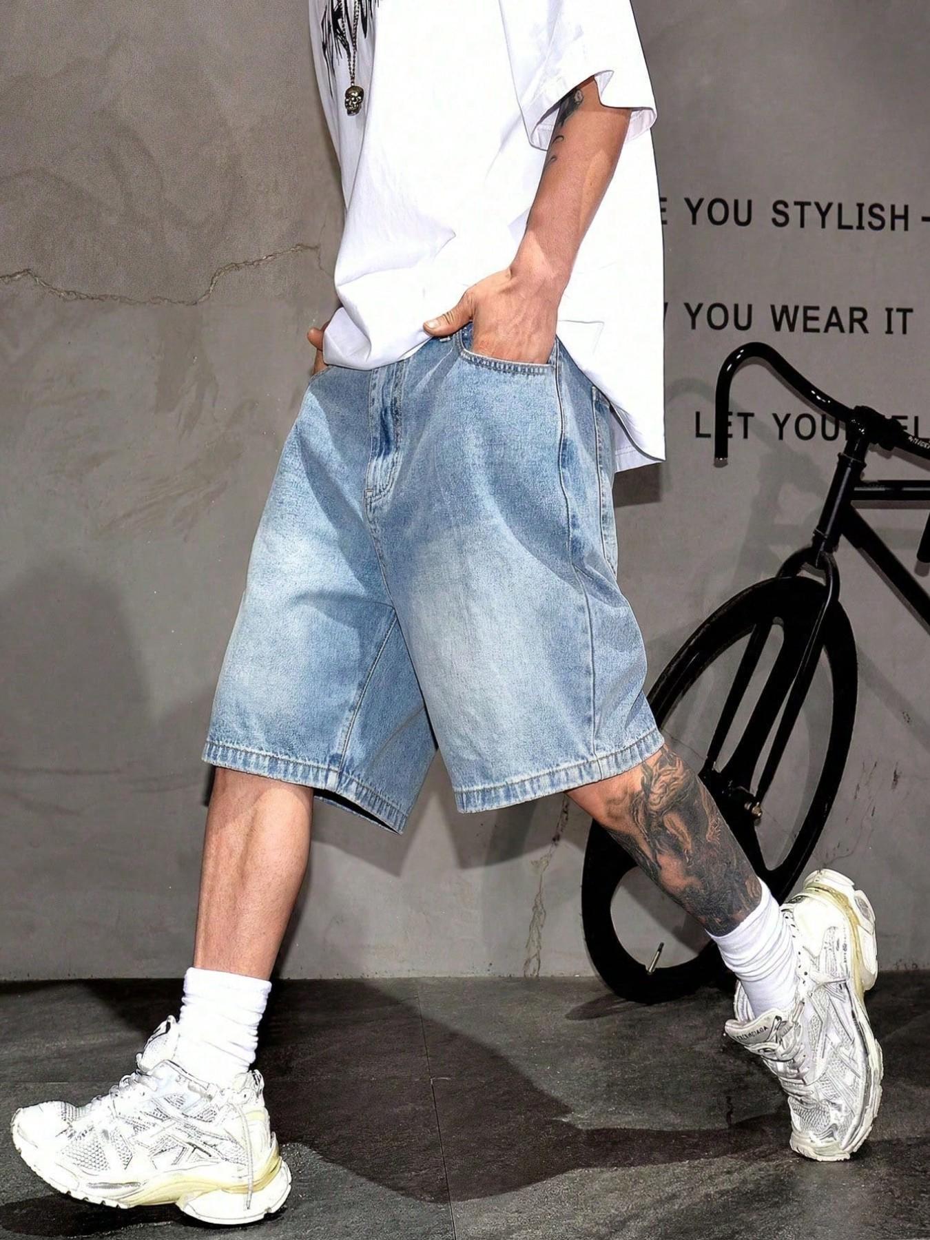 Men's Fashion Street Style Loose Fit Denim Shorts, Casual Mid Waist Zipper Fly, Plain Pattern, Daily Wear, Comfortable and Stylish