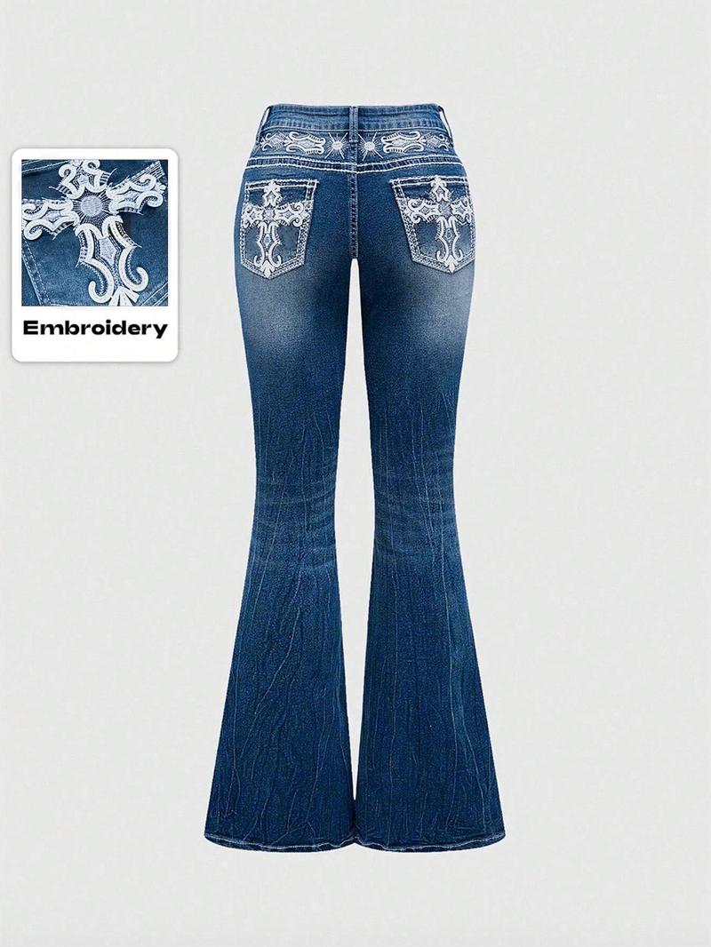 Grunge Punk Y2K Retro Poket Cross Wings Embroidered Flare Leg Fitted Stretch Jeans For Women,Bootcut Jeans