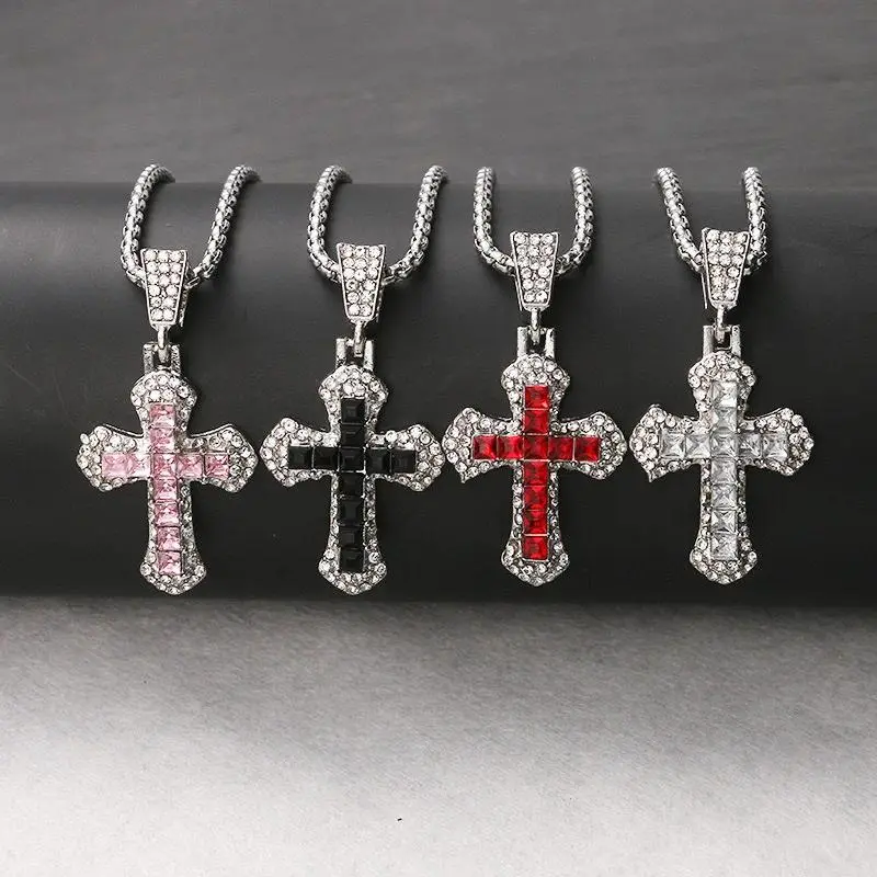 Men's Rhinestone Cross Pendant Hip-Hop Punk Stackable Necklace - Fashion Costume Jewelry Accessory