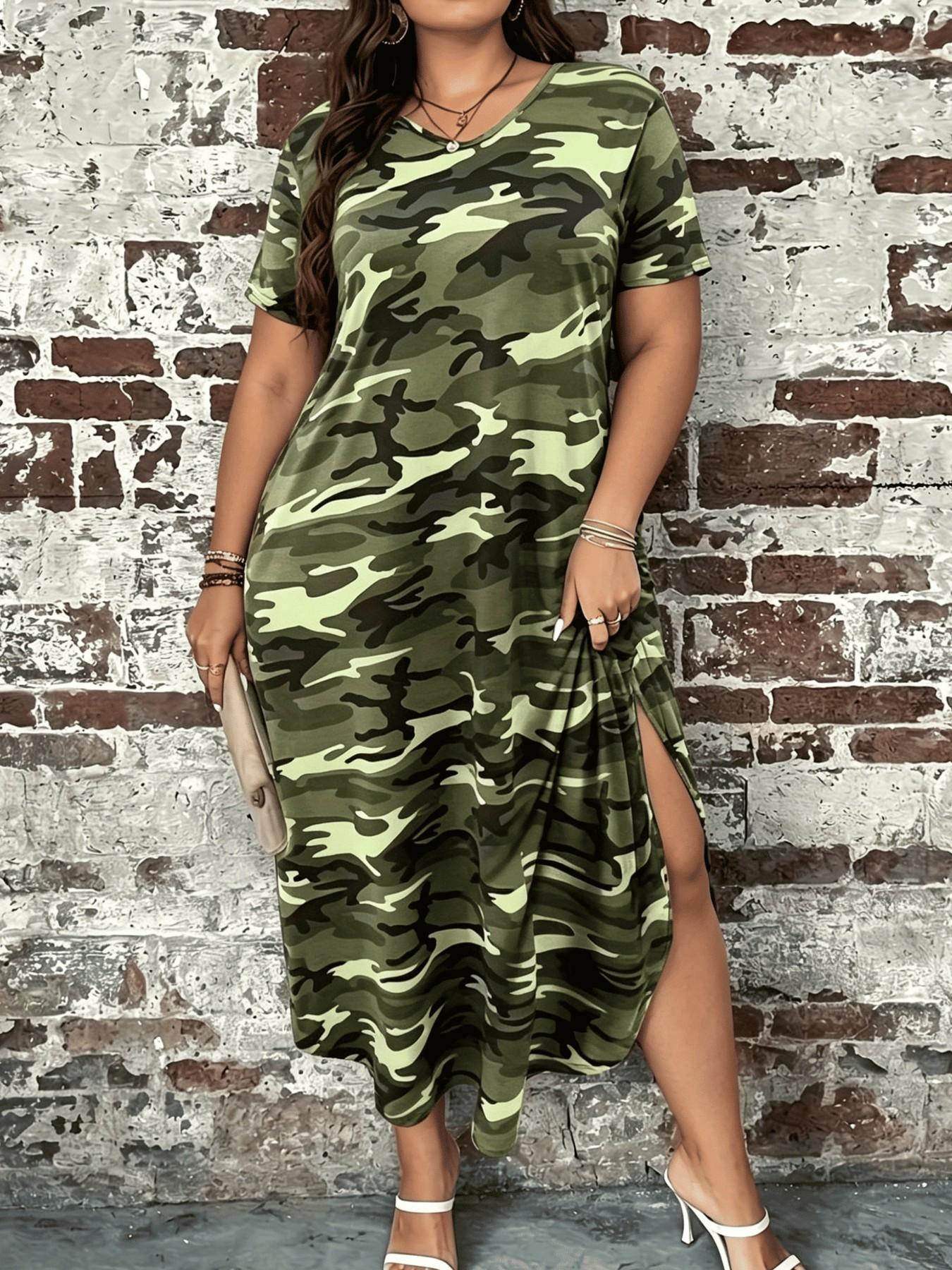 Plus Size Camouflage Print Maxi Dress, Short Sleeve, V Neck, Loose Fit, Curvy Casual Wear, Tummy Hiding, Summer, Pockets