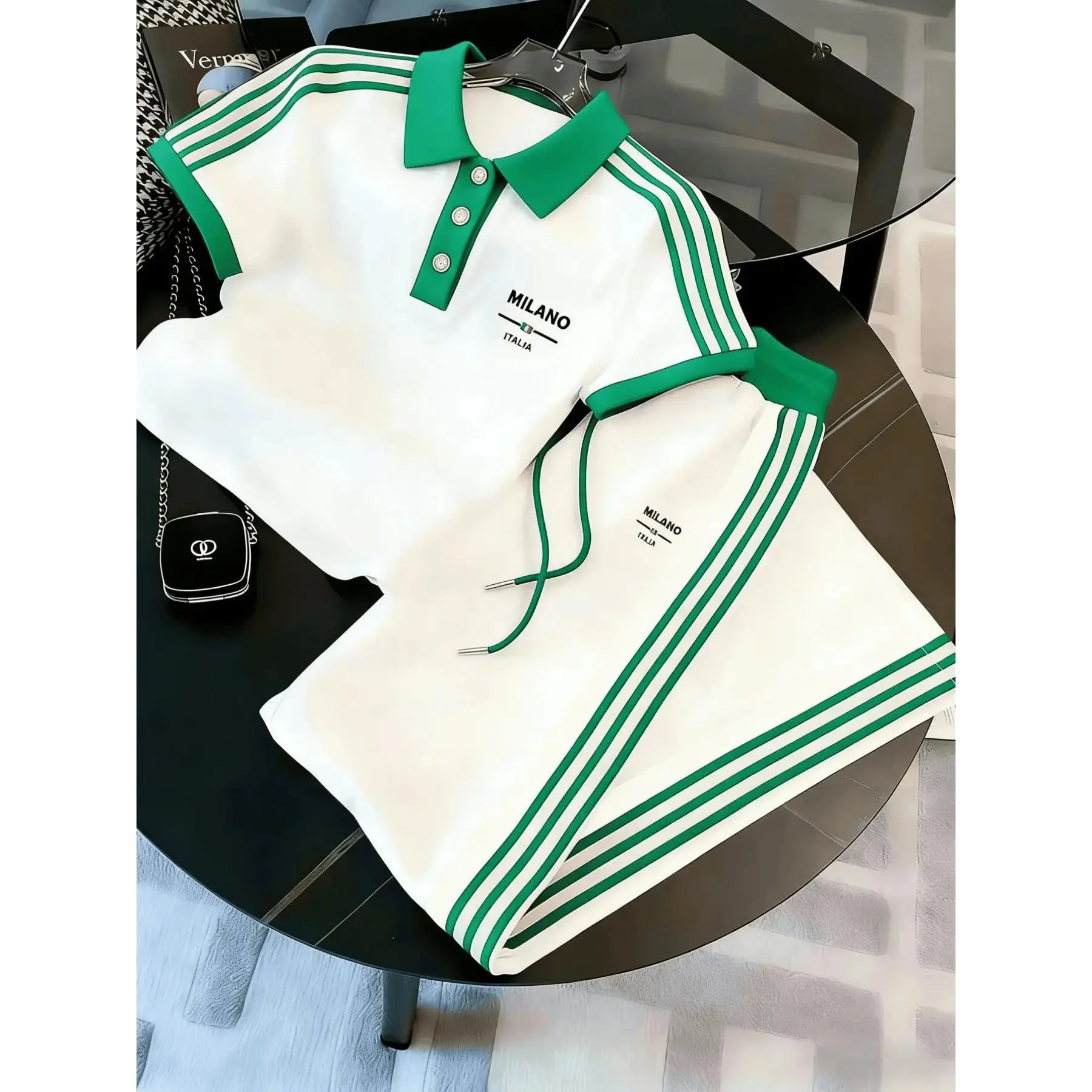 Men's and women's two-piece Milan-style casual sportswear top and pants set, suitable for golf and fitness wear, men's clothing, striped all-season golf sports set.For women, please purchase according to the marked size.