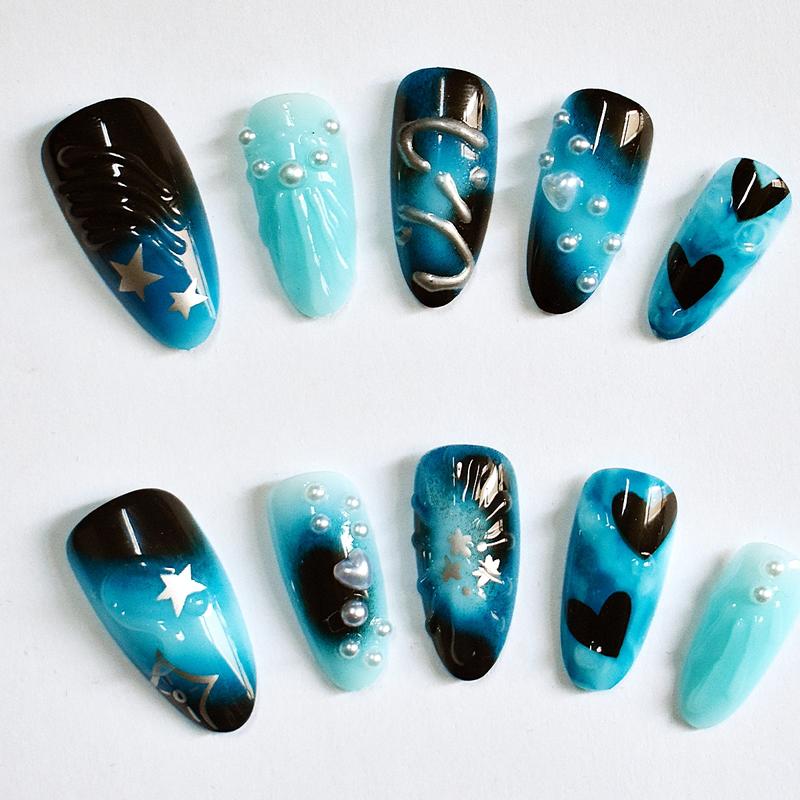 Handmade Almond Shaped Nail Art Set, Dreamy Deep Sea Blue Gradient with Silver Color Stars & Jellyfish Design, Perfect Gift for Girls & Women