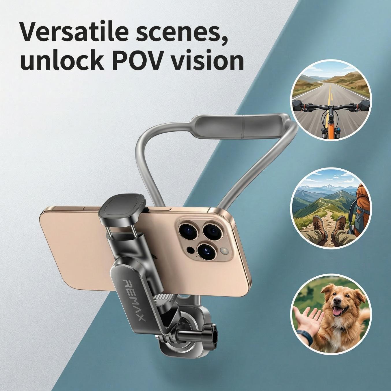 First-Person Neck Phone Mount，One-piece alloy arm, 360° adjustable.Stable damped hinge, detachable clamp with camera adapter. Soft silicone neck pad, comfortable fit.Ideal for POV shooting & multi-scene use.