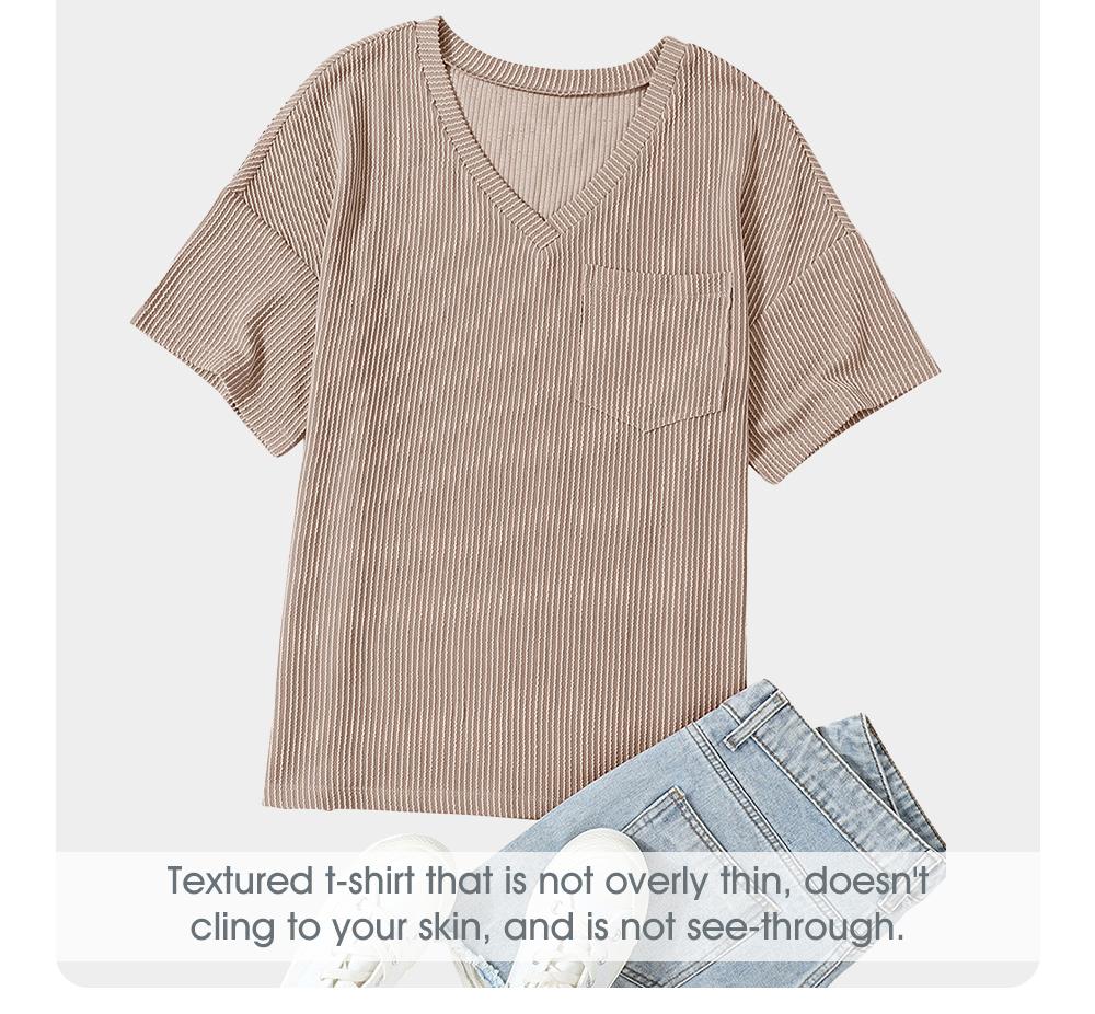 EVALESS Women's Oversized Summer T Shirts Tops V Neck Short Sleeve Ribbed Knitted Casual Loose Fit Blouses with Pocket 2026 Womenswear Springtok Outfits