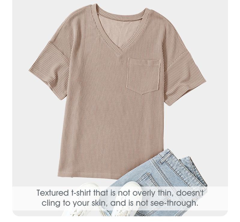EVALESS Women's Oversized Summer T Shirts Tops V Neck Short Sleeve Ribbed Knitted Casual Loose Fit Blouses with Pocket 2026 Womenswear Springtok Outfits