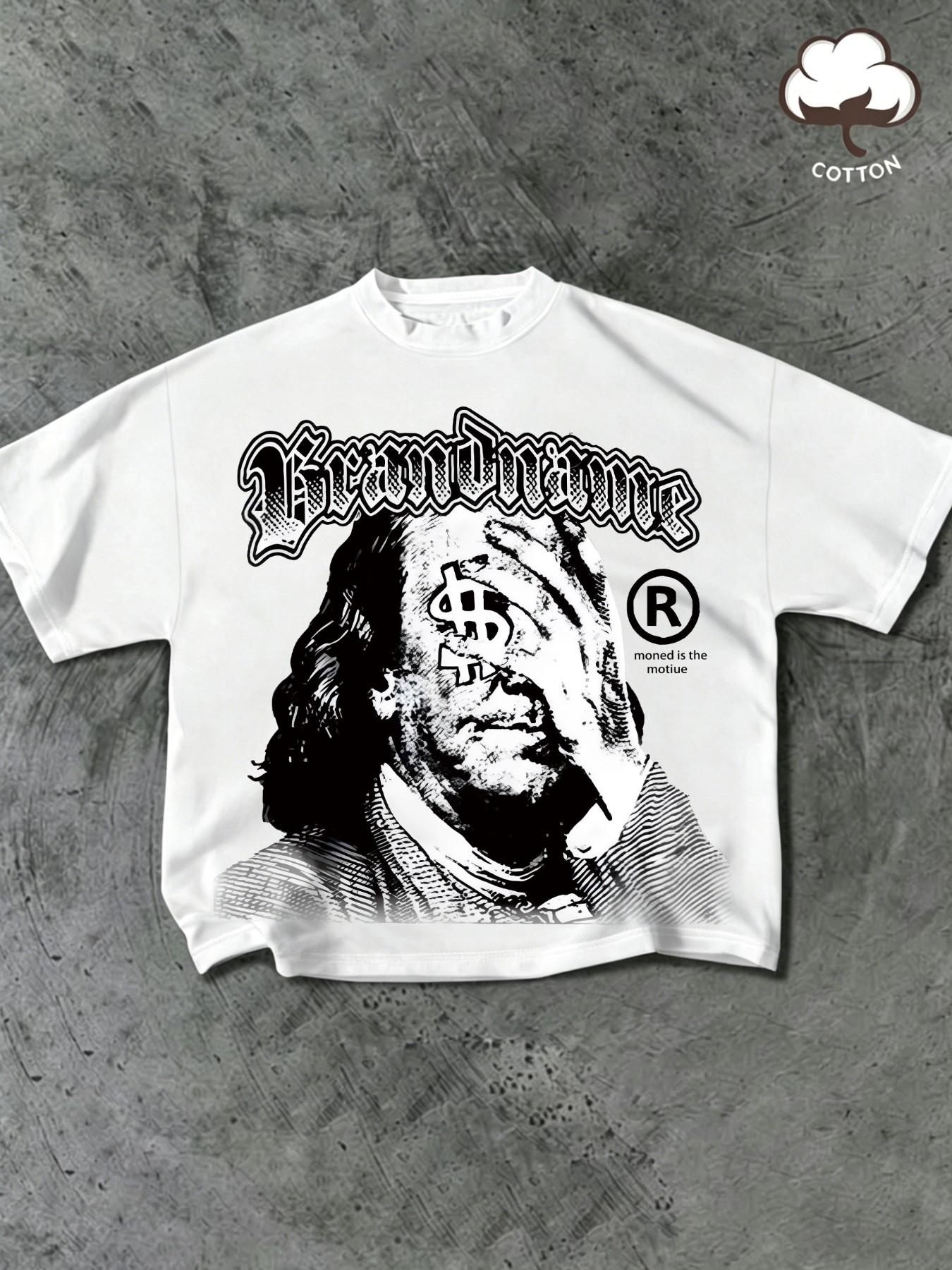 Vintage American Money Motif Graphic Tee for Men, Oversized Crew Neck Cotton T-Shirt with Dollar Sign Hand Print, Gothic Letter Streetwear Hip Hop Top, Casual Summer Outfit for Rapper Skateboard Street Style