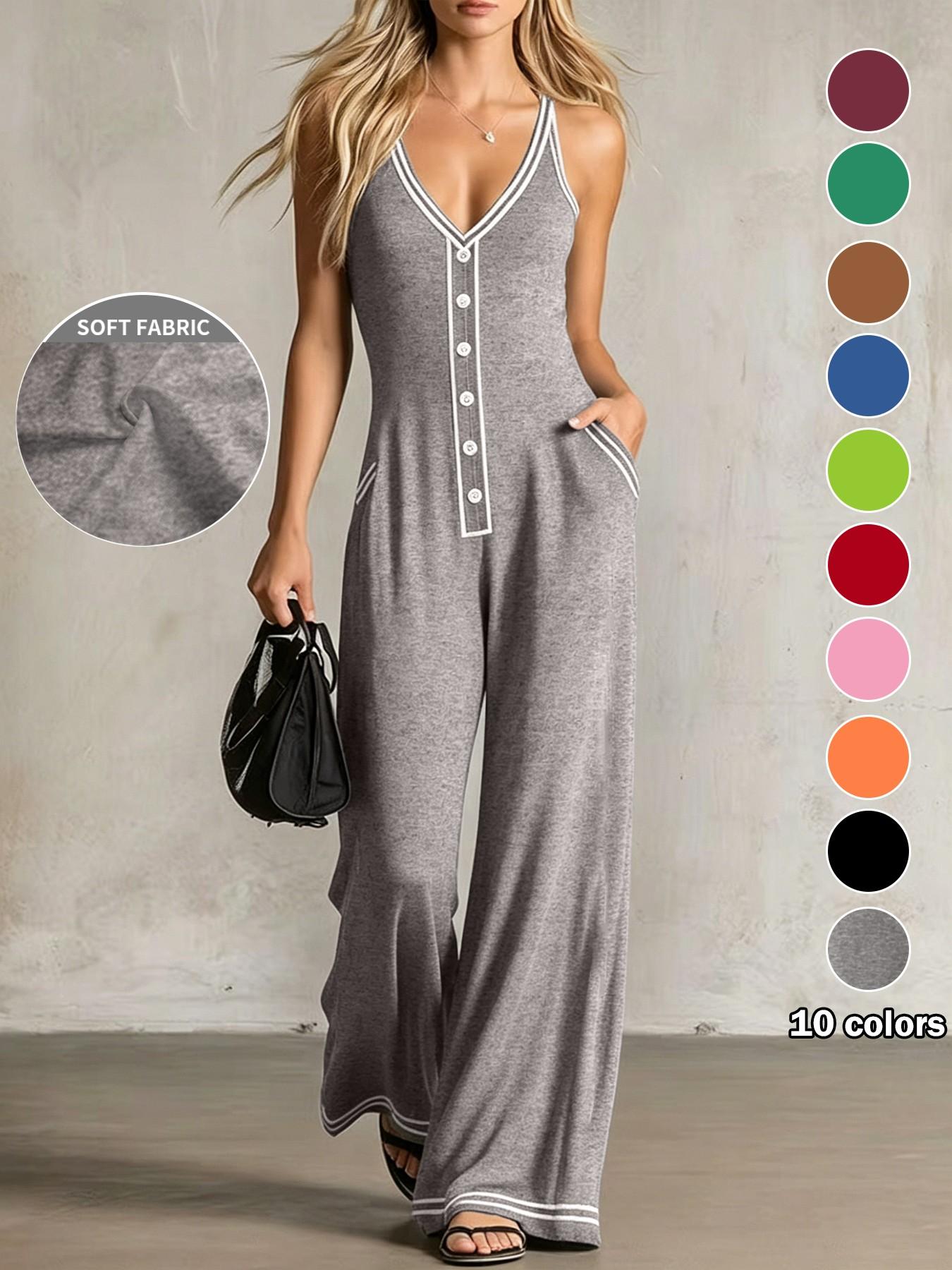 Plus Size Women's Strappy Sleeveless One-Piece Pants, Deep V Neck, Wide Leg, Pocket Design, Casual Summer Jumpsuits, Casual Office Wear, Casual Jumpsuit Overalls, Casual Comfy Jumpsuit, Comfortable and Slimming