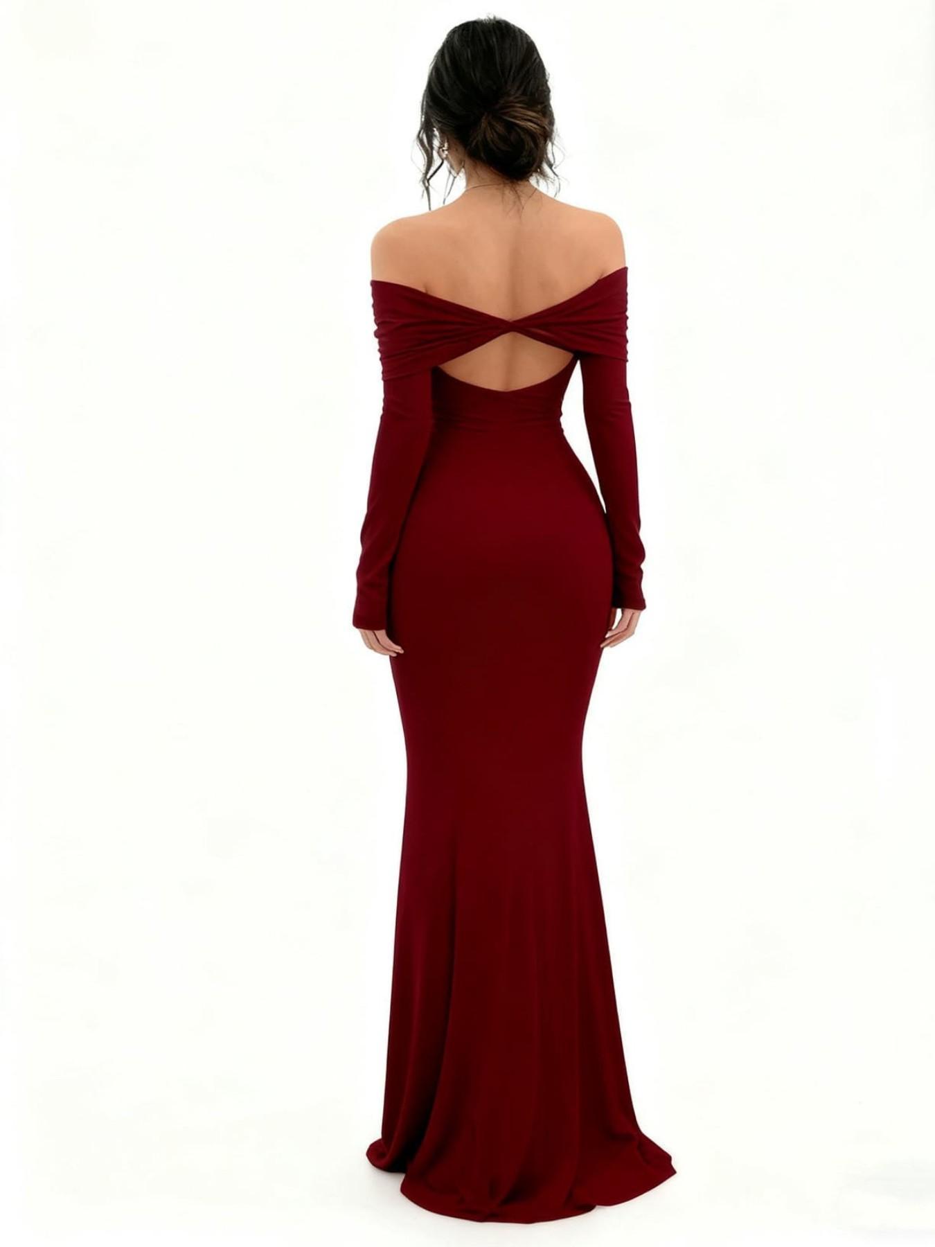 Elegant Long Sleeve Split Back One-Shoulder Dress, Sexy Bodycon A-Line Midi Dress, Perfect for Special Occasions, Women's Fashion