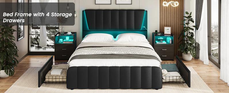 Sikaic LED Bed Frame With USB Ports Adjustable Headboard And 4 Storage Drawers Apartment Furniture Bedroom Set Upholstered Platform Bedframe