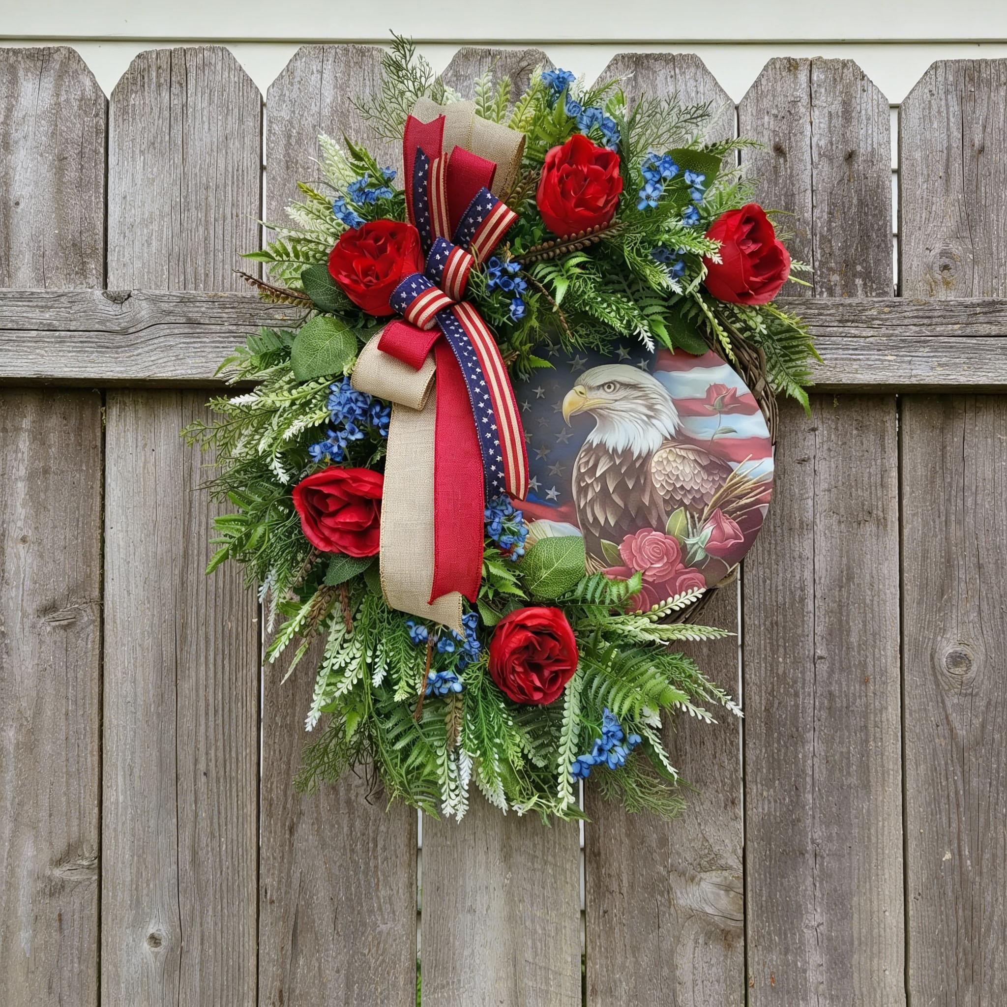Patriotic Bald Eagle Wreath, Independence Day Memorial Decoration, Rose American Flag Wreath, Rustic Door Hanging, Indoor Outdoor Decor