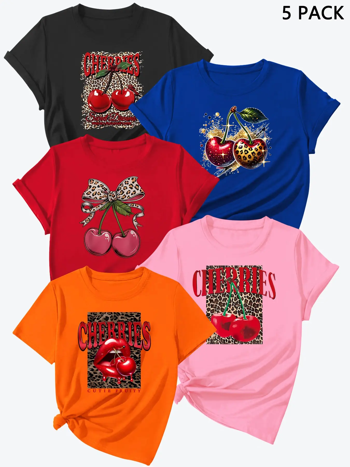 Summer New Cherry Print Short Sleeve, Multi-Color High-Quality Women's Sport T-Shirt Set of 5, Casual Fitted Top, Classic Female Clothing