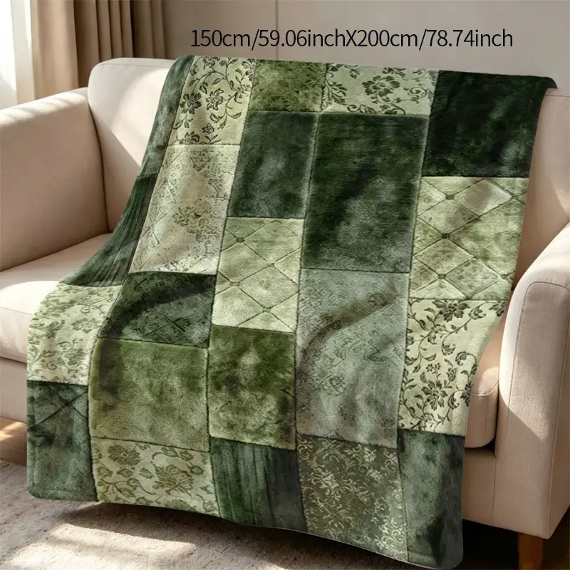 Vintage Floral Patchwork Fuzzy Flannel Blanket, Cozy Bed Sofa Nap Blanket, Office Nap Throw, Portable Travel Camping Multi-Use Blanket