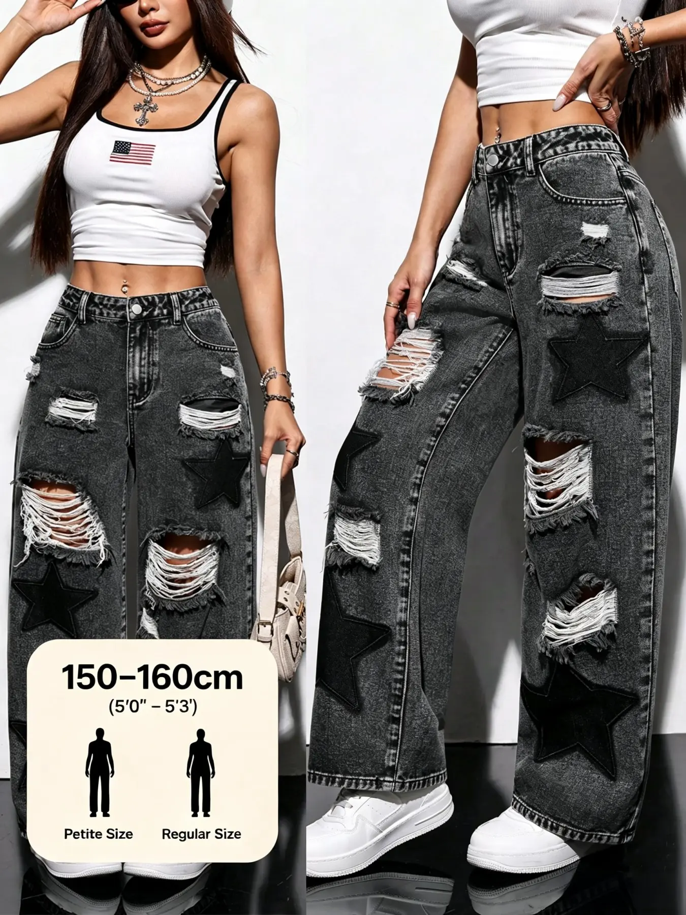 Y2K High-Waisted Ripped Wide-Leg Jeans, Chic Fashionable Star Patch Denim Jeans, Casual Party Wear, All-Season Loose-Fit Trousers
