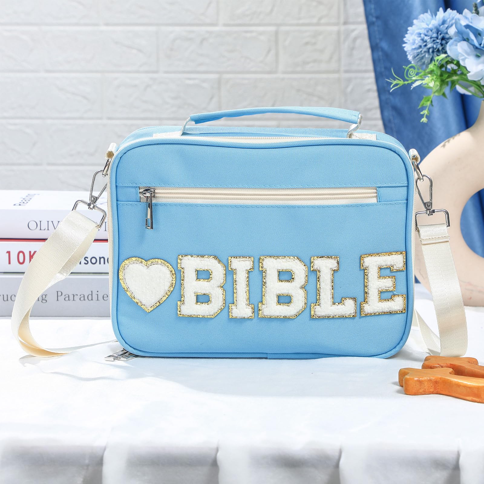 Bible Case for Christian Girl, Cute Bible Case Chenille Letter Bible Cover Case with Shoulder Strap Canvas Tote Carrying Bag Gift for Christian Teenagers Girl Student, Bible Study Supplies, Church Tote Bag, Easter Gift for Christian Daughter