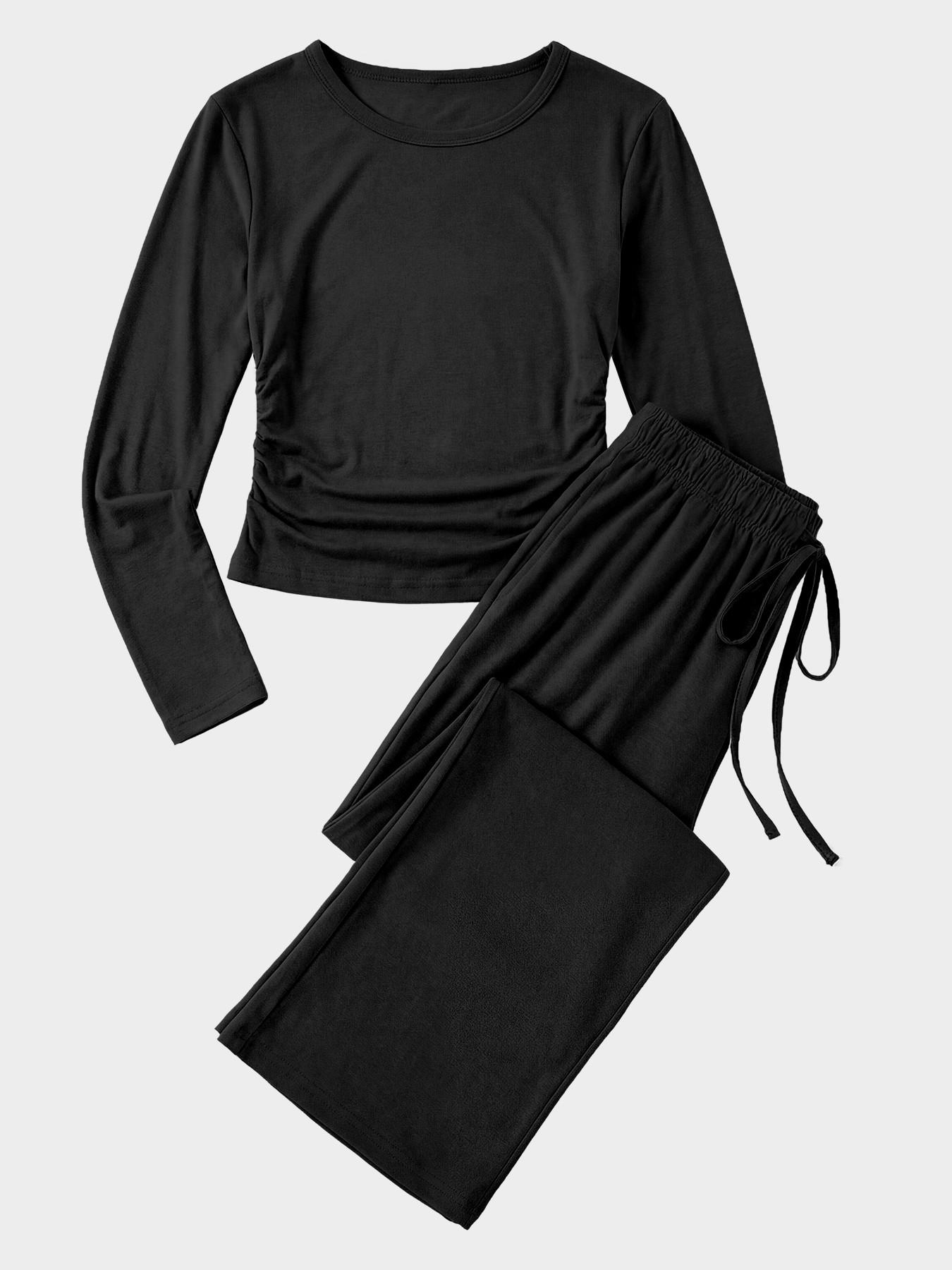 Women's 2-Piece Set Autumn and Winter Loungewear Sets, Ruched Fitted Long Sleeve Tops & High Waisted Wide Leg Pants