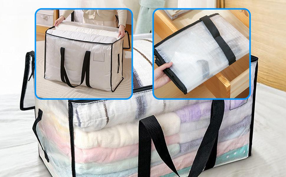 4-Packs Large Moving Bags, Waterproof with Handles & Zippers Bags for Clothes Packing, Dorms, College Supplies, Saving, Clear