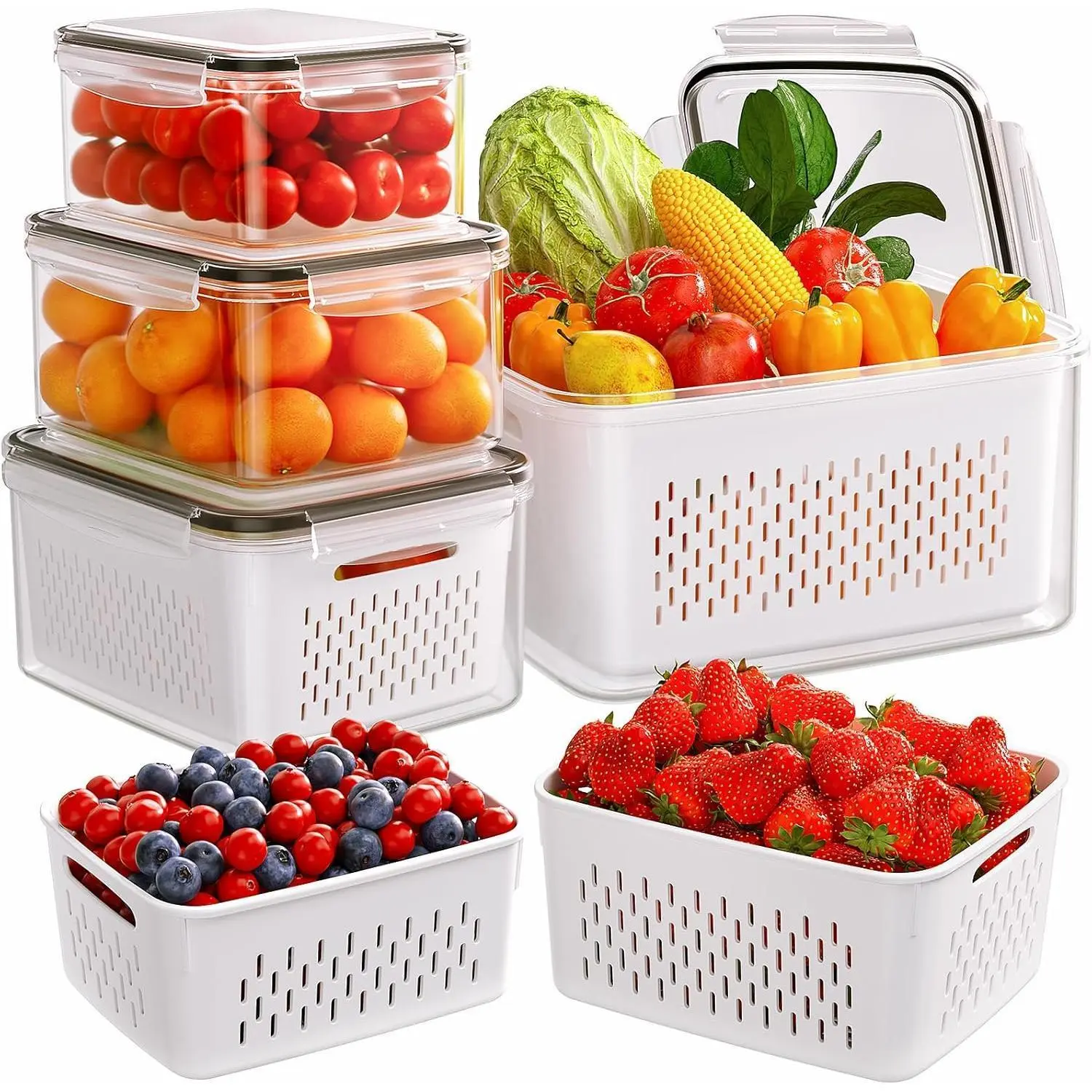 4-Pcs Double-Layered Plastic Kitchen Food Storage Containers with Lid, Removable Colanders, Stackable 4-in-1 Airtight Leak-Proof Fridge Organizer Bins with Locking Clips, Silicone-Free Fresh Keeper (-20°C~+120°C, Best to Hand Wash) for Salad, Produce