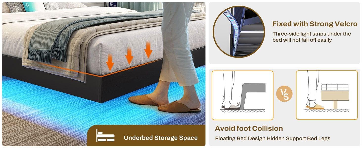 Sikaic Queen Floating Bed Frame with LED Lights and Headboard Storage Black Modern Metal Platform Visual Floating Bed with Charing Station