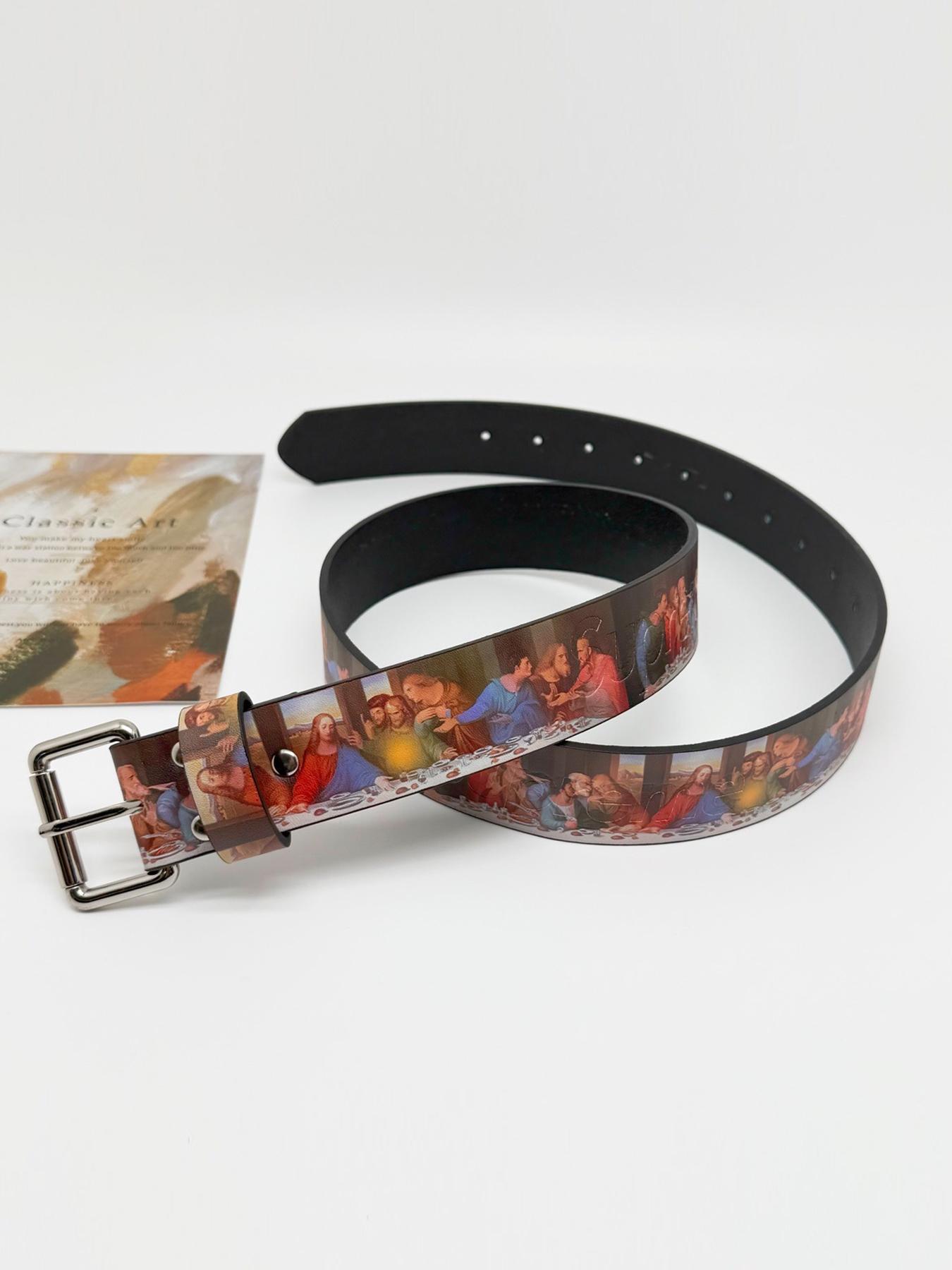 Women's Vintage  Leather Belts for Jeans Pants Fashion Trendy Exquisite Belt Ladies Belt with Silver Buckle & Oil Painting Print Street Style Belt Vintage Western Belt