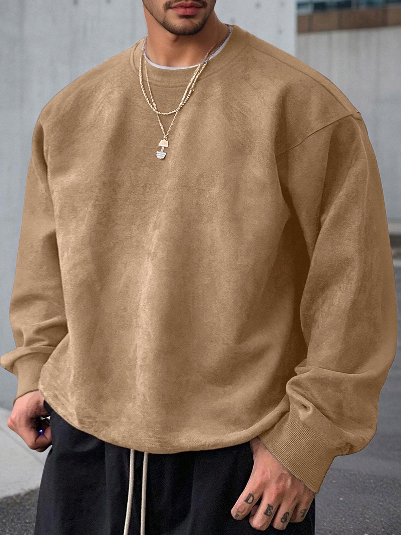 Men's Solid Color Plain Round Neck Drop Shoulder Long Sleeve Fleece Sweatshirt, Casual Fit for Fall & Winter, Comfortable Daily Wear