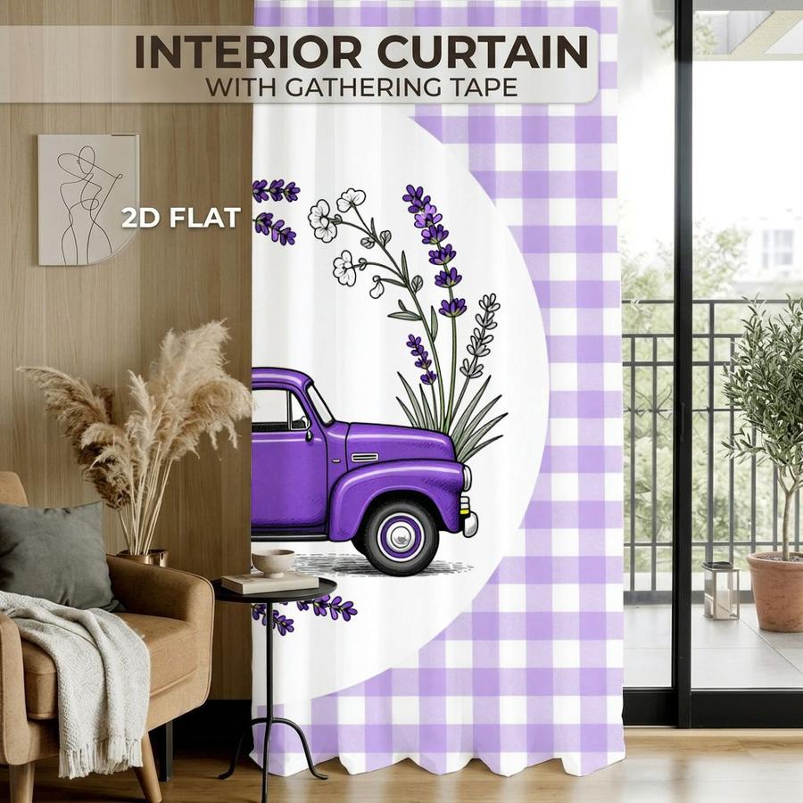 2Pcs Farmhouse Plaid Lavender Truck Floral Sun Blocking Curtains Digital Printed Rod Pocket, Window Treatment For Bedroom Office Kitchen Living Room Study Home Decor
