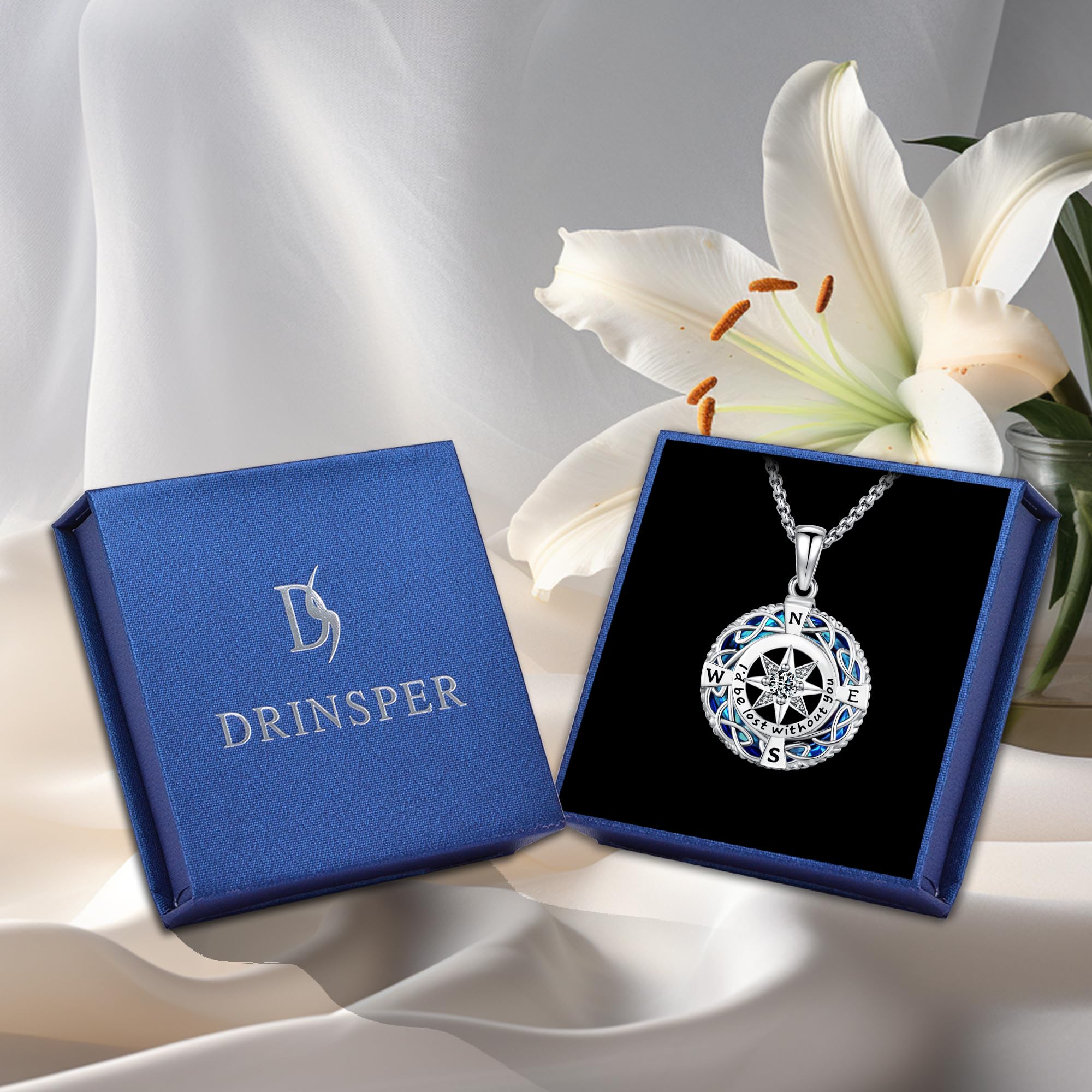 DRINSPER S925 Vegvísir Necklace Viking Compass Necklace 925 Sterling Silver Pendant Crystal inlayed Viking Jewelry for Pagan for Auspicious for Men Women