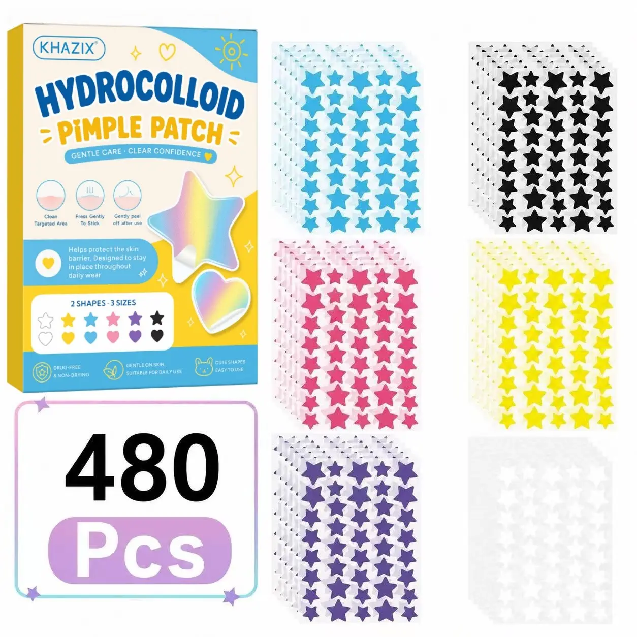 480pcs 6-Color Star Shaped Hydrocolloid Patches, Invisible Waterproof Breathable Pimple Stickers, Skin-Friendly Facial Care for Women