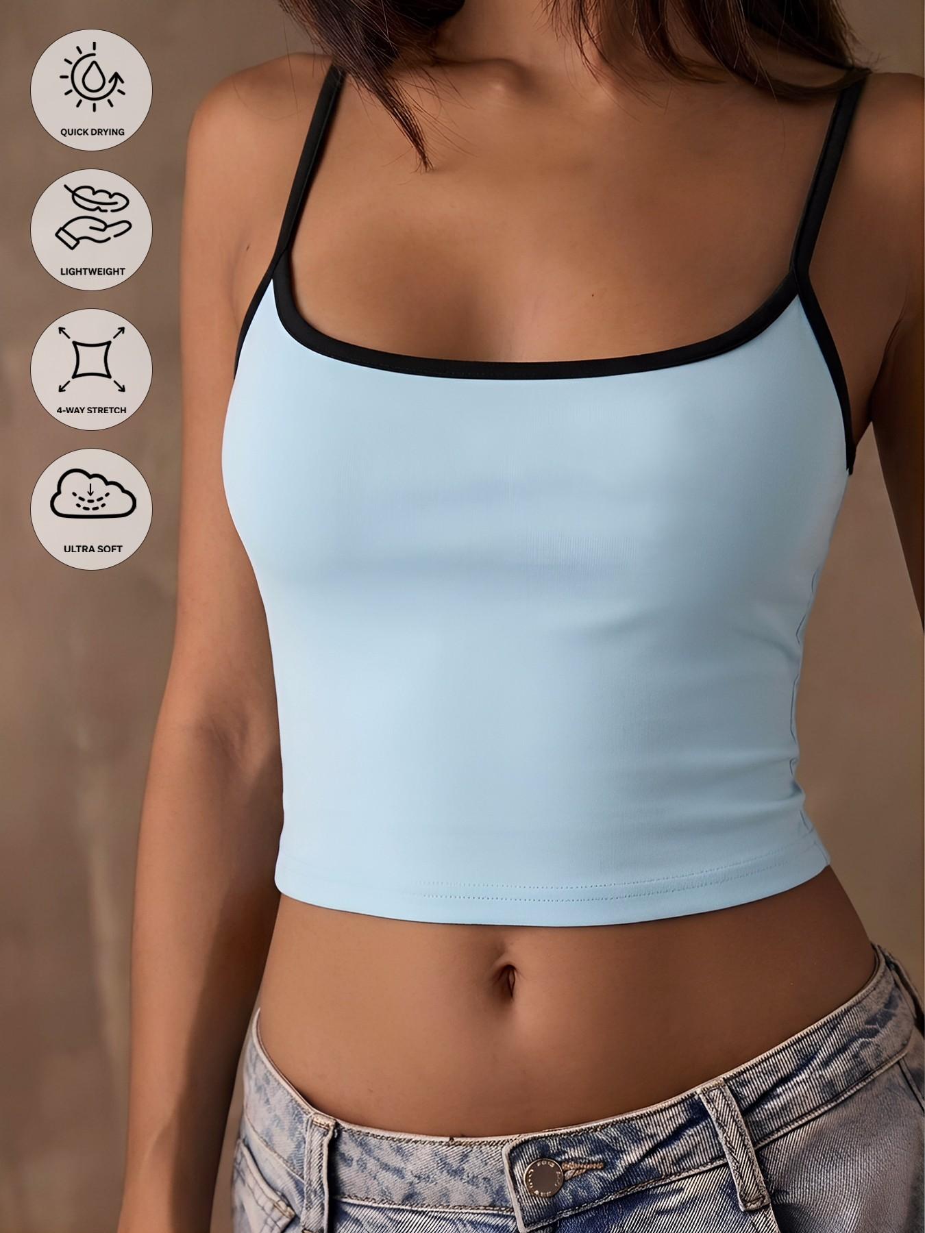 Women's Light Blue Black Trim Color Block Square Neck Crop Cami Top, Y2K Aesthetic 4-Way Stretch Ultra Soft Workout Tank, Casual Quick Dry Camisole, Perfect for Yoga, Training, Daily Wear #springsaledeals2026 #summeroutfits #tiktokshopmademebuyit