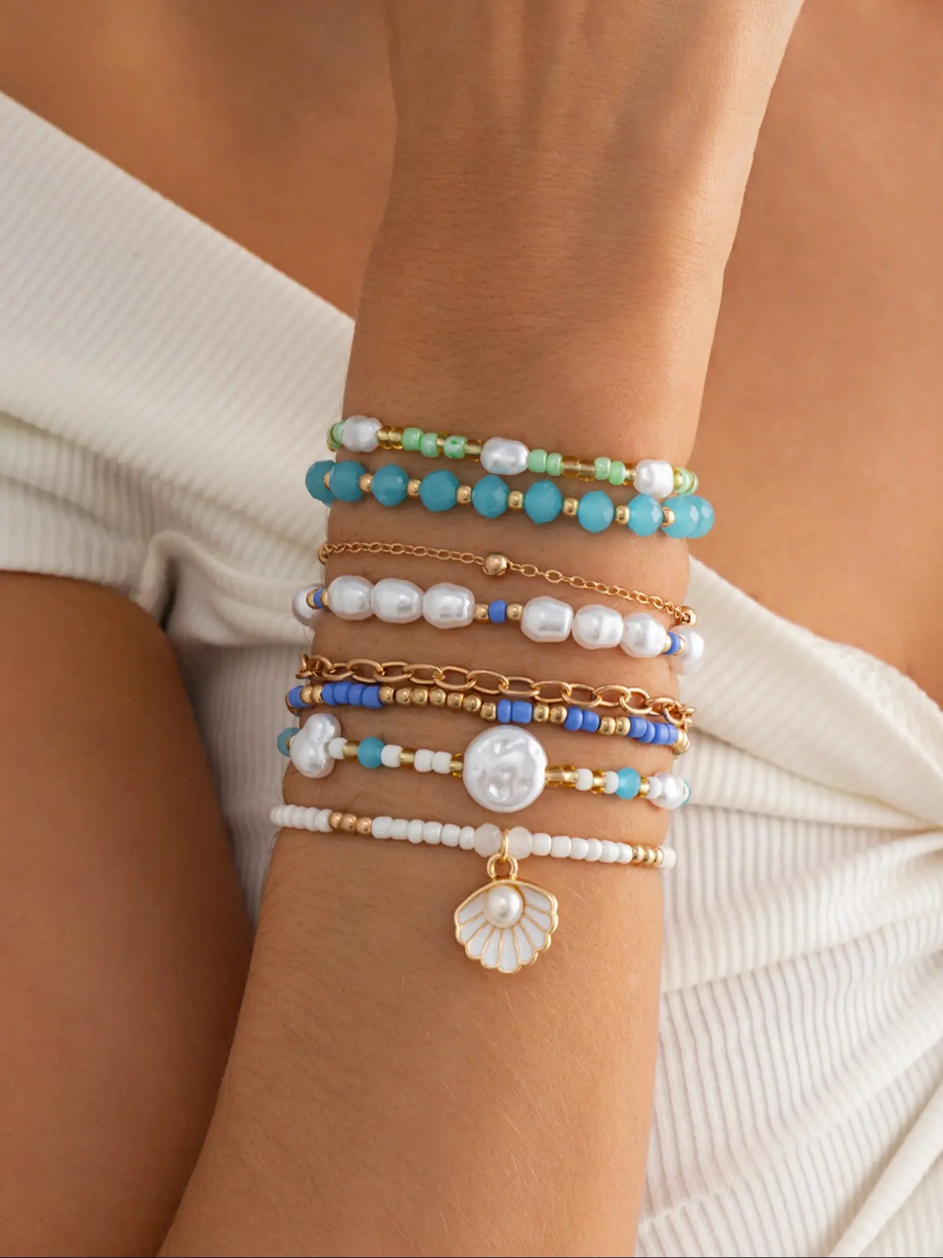 8-Piece Boho Multi-Layer Beaded Bracelet Set, Shell Faux Pearl Blue Block Stackable Wristbands, Spring Summer Beach Vacation Style