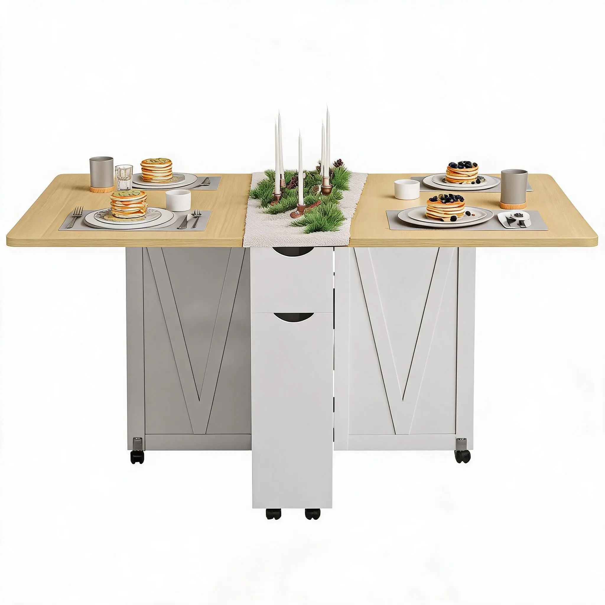 Space-Saving Folding Drop Leaf Dining Table with Storage - 6 Wheels, Drawer & Shelves - Compact Kitchen Table for Small Spaces & Apartments
