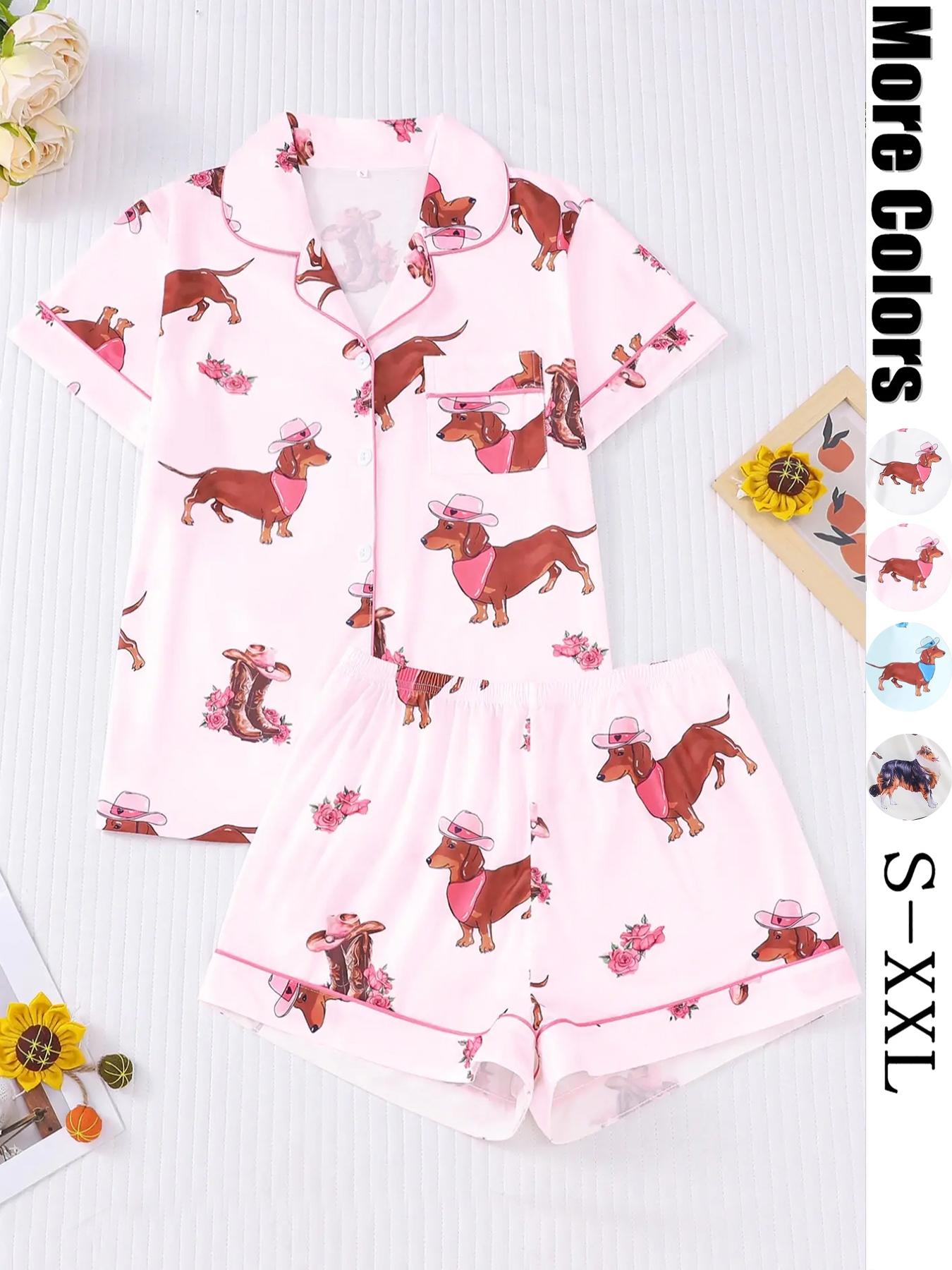 Women's All Over Dachshund Print Shirt & Elastic Waist Shorts Pyjama Two-piece Set, Casual Comfy Short Sleeve Collared Top & Shorts PJ Set, Ladies Sleepwear for All Seasons, Loungewear, Sleep Pajamas Shorts